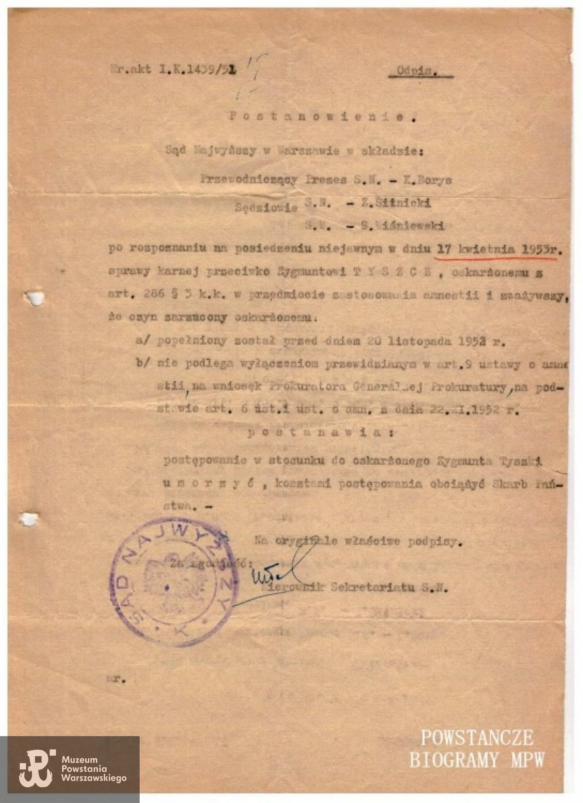 Postanowienie Sądu Najwyższego w Warszawie. Z archiwum rodzinnego Zbigniewa Tyszki.