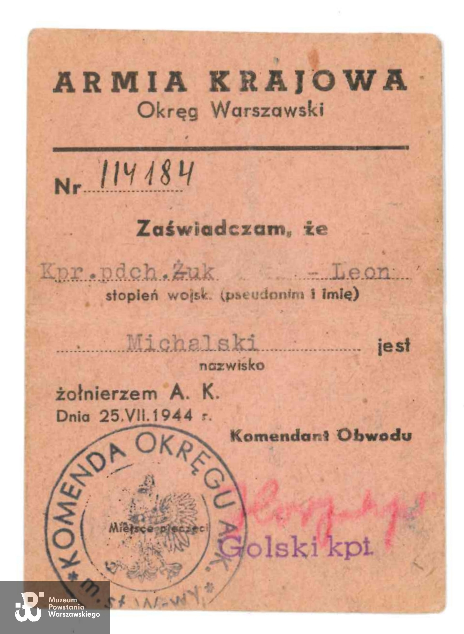 Należąca do Leona Michalskiego legitymacja Armii Krajowej. Ze zbiorów rodzinnych, skan udostępniła wnuczka Powstańca. 
