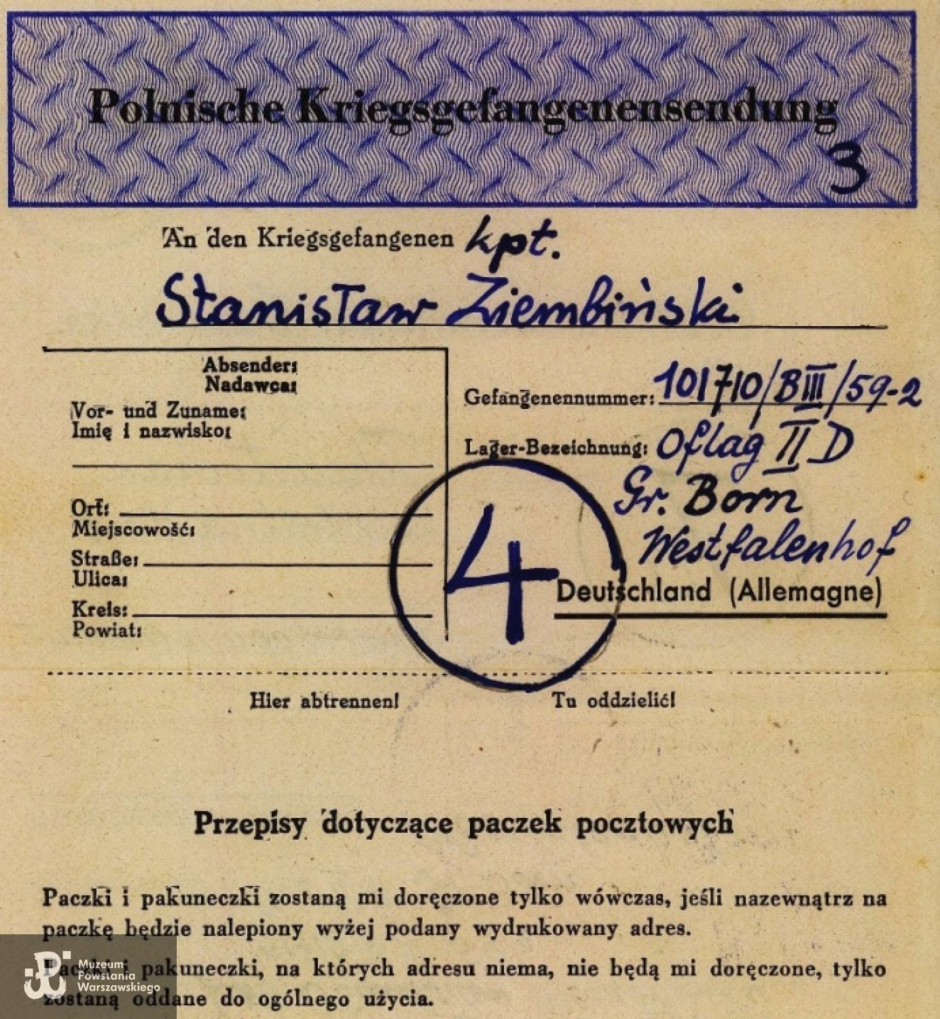 Fragment korespondencji z adresem zwrotnym kpt. Ziemińskiego