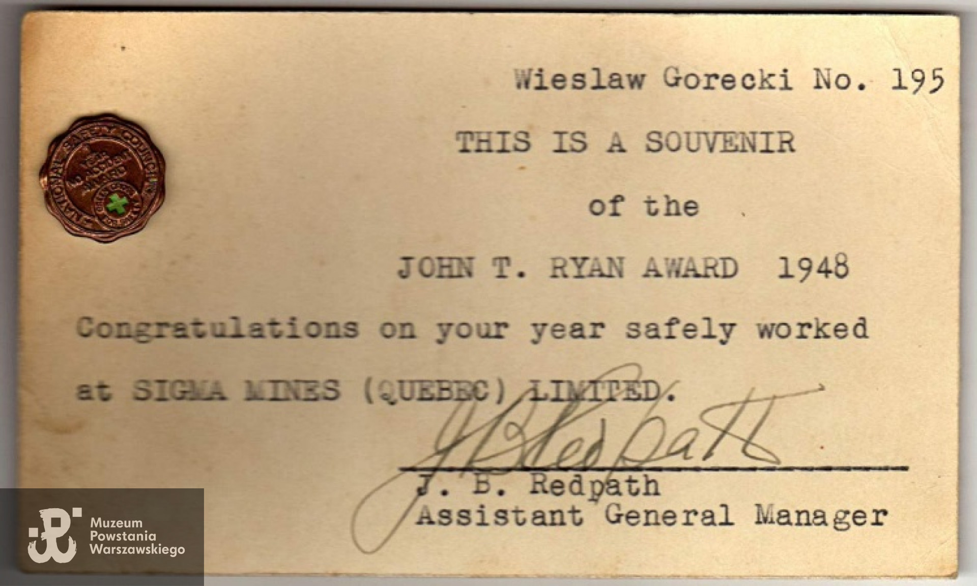 Odznaka pamiątkowa za rok pracy w kopalni bez wypadku.