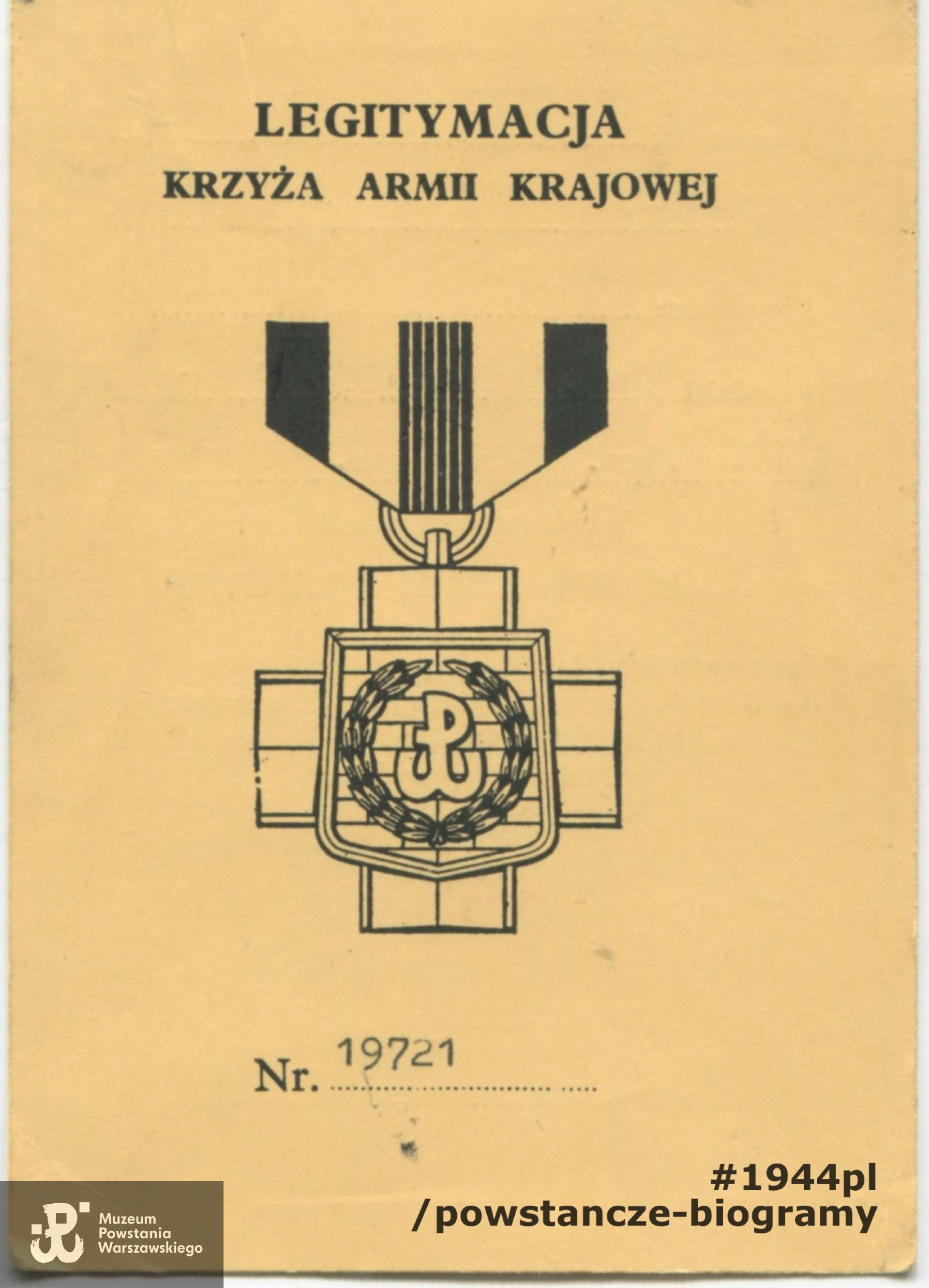 Legitymacja Krzyża Armii Krajowej. Skan: materiały do Słownika Biograficznego Uczestników PW gromadzone przez Pokój Kombatanta MPW