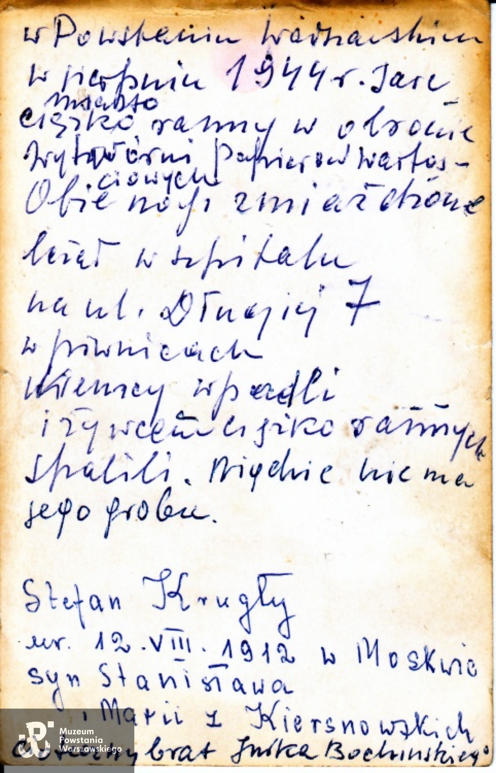 Notatka  na odwrocie zdjęcia Stefana