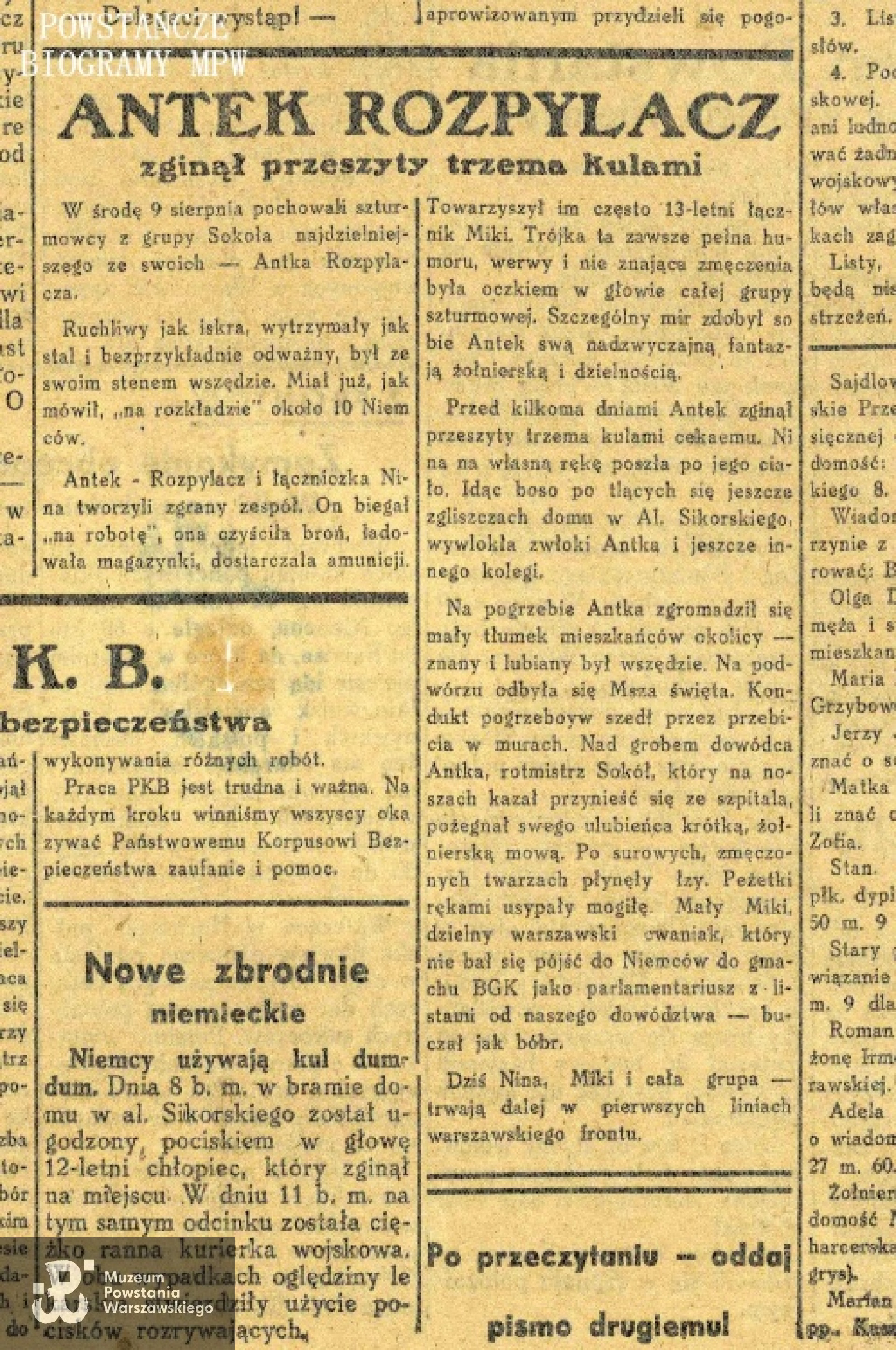 Artykuł zamieszczony w 50. numerze "Biuletynu Informacyjnego" z 13 sierpnia 1944 r. mówiący o śmierci i pogrzebie "Antka Rozpylacza". Ze zbiorów MPW