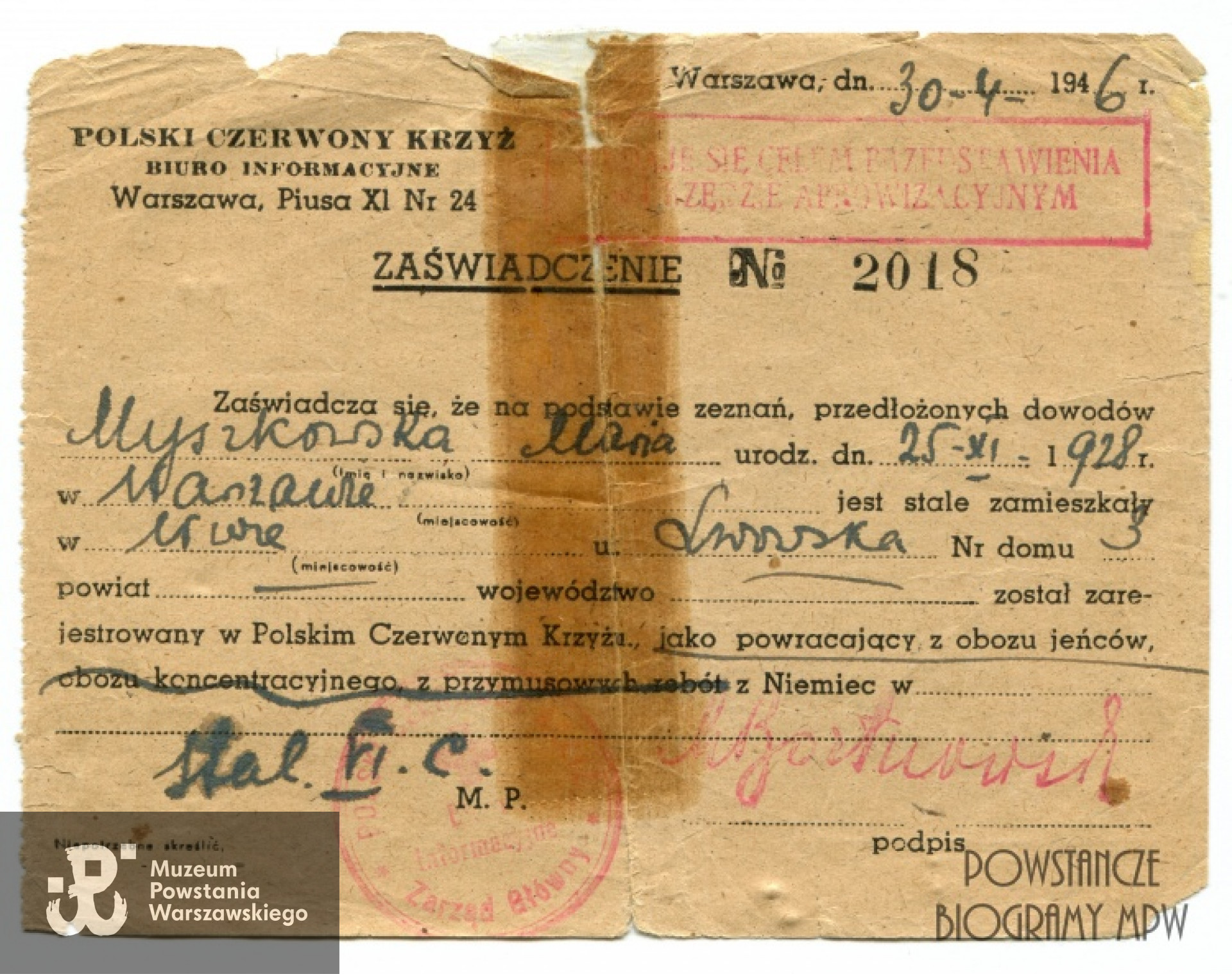 Zaświadczenie PCK.  Z archiwum rodzinnego Marii Bourquin - Rulskiej, obecnie w zbiorach MPW, sygn. P/8408