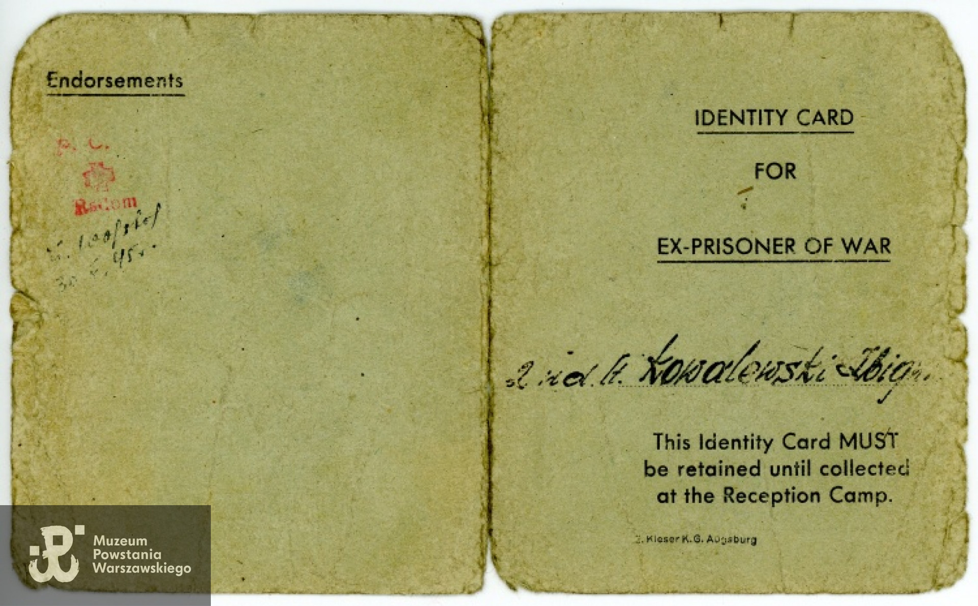 Karta identyfikacyjna Zbigniewa Kowalewskiego wydana po wyzwoleniu z niewoli