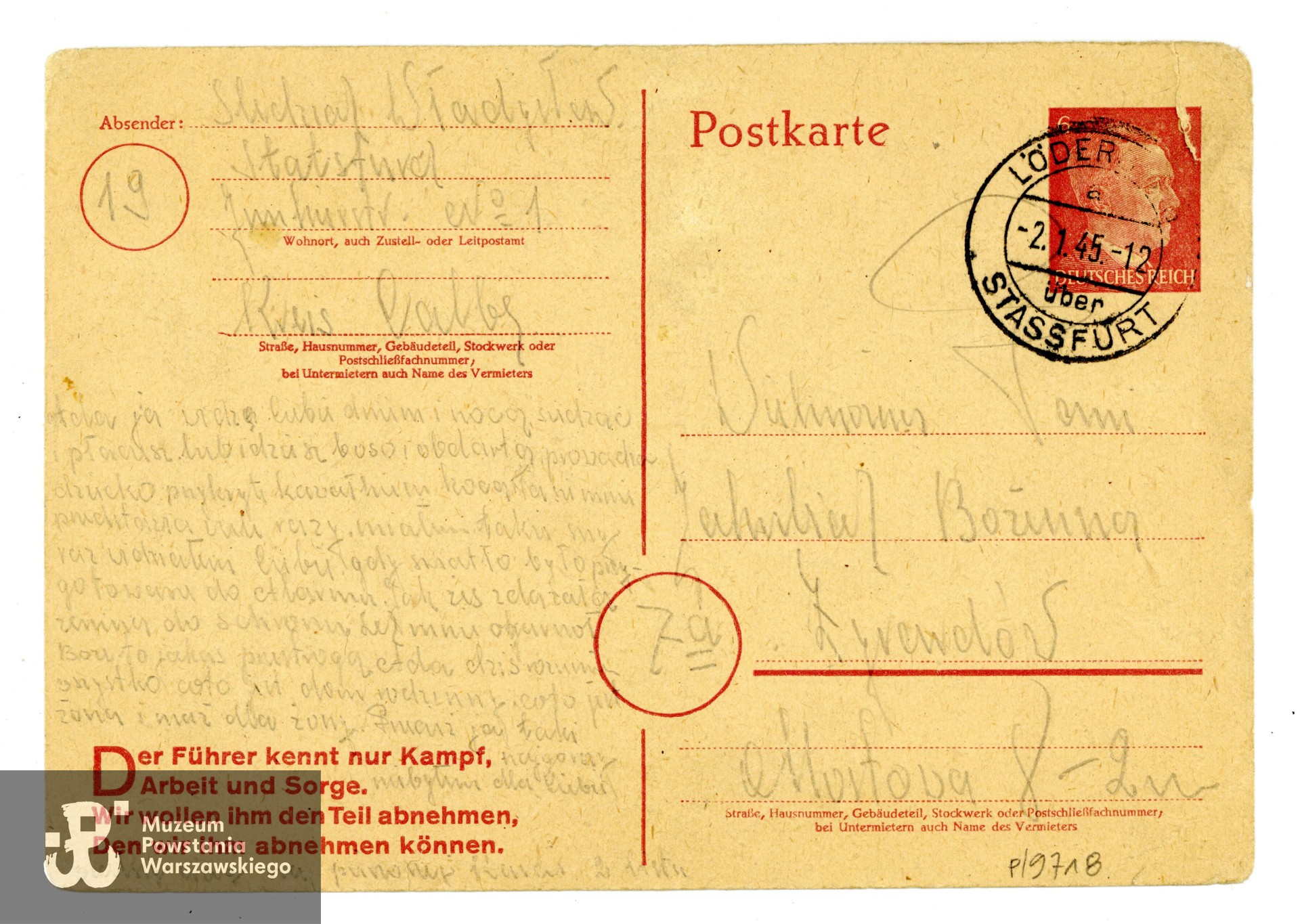 Korespondencja wysyłana z terenu Niemiec (1945) przez Wiktora Jakubiaka do żony Władysławy (8 kart pocztowych i 2 listy).  Ze zbiorów Muzeum Powstania Warszawskiego, sygn. P/9718, dar p. Mirosława Jakubiaka, syna Powstańca