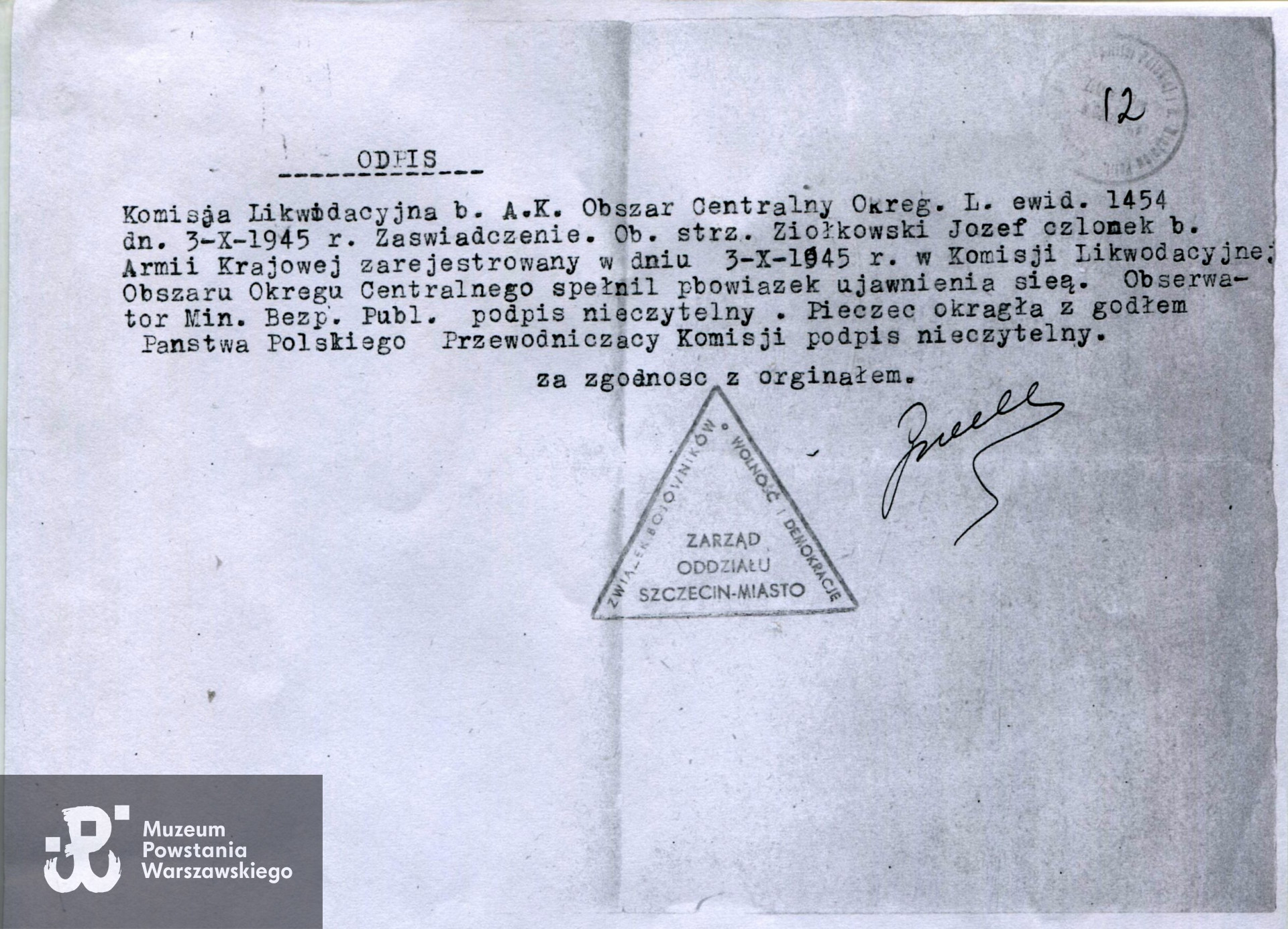 Kserokopia zaświadczenia weryfikacyjnego. Źródło: Muzeum Powstania Warszawskiego, teczki personalne uczestników PW, udostępnił p. Józef Ziółkowski