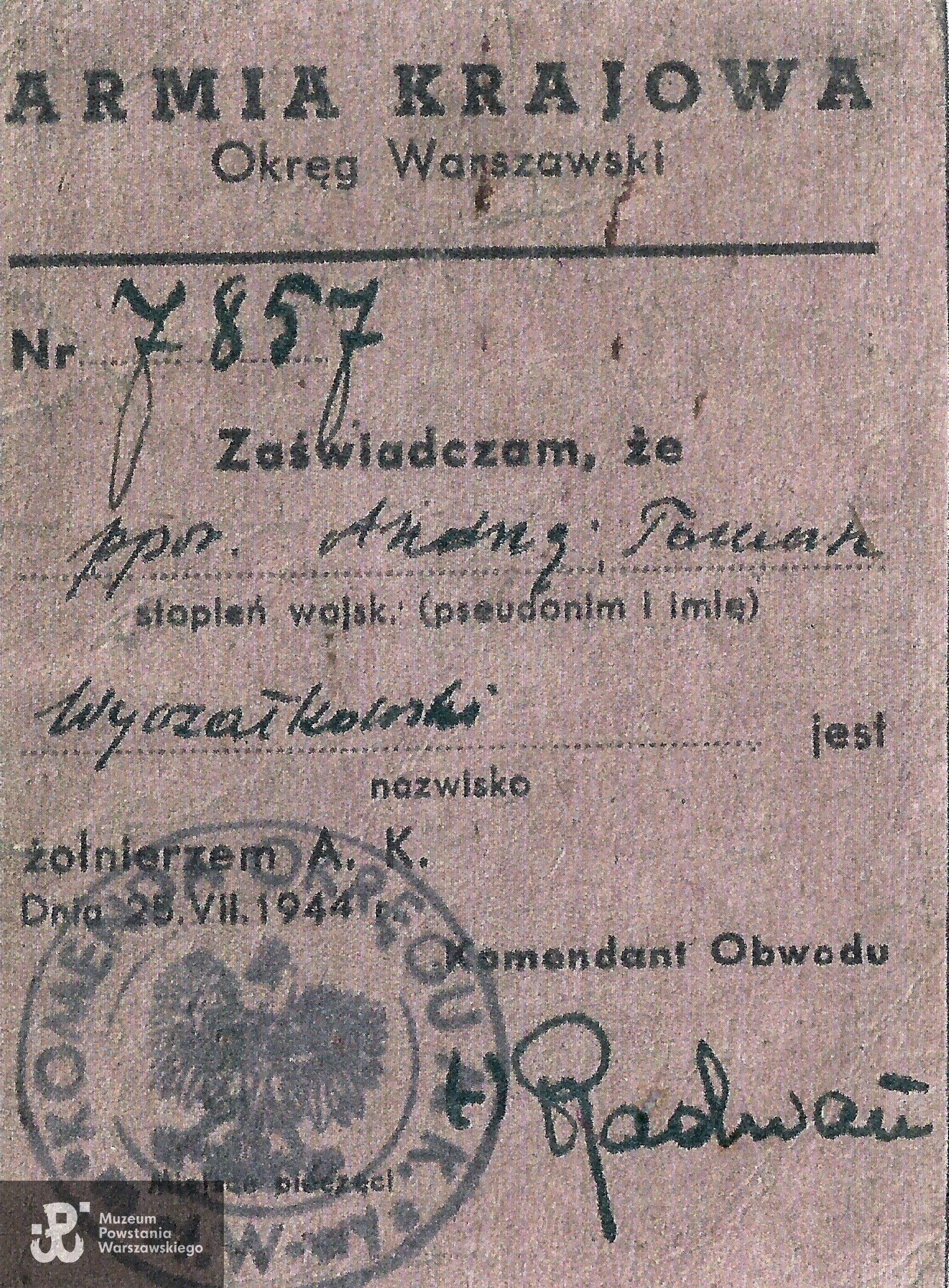 Należąca do Andrzeja Wyczałkowskiego legitymacja Armii Krajowej. Data wystawienie 25 VII 1944. Ze zbiorów rodzinnych. Skan udostępnił p. MIchał Wyczałkowski