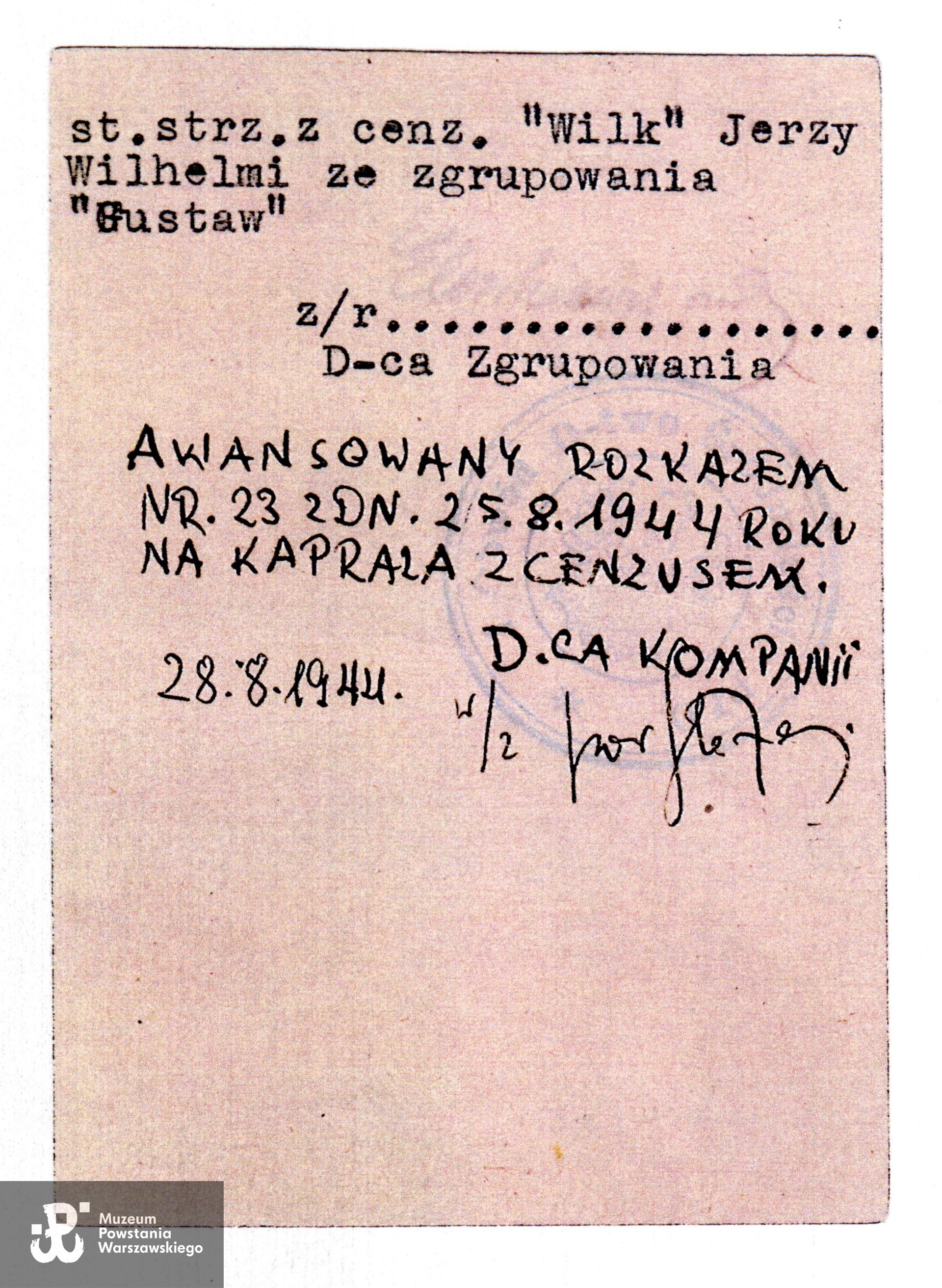 Skan z kserokopii,  Muzeum Powstania Warszawskiego, Teczki personalne uczestników Powstania Warszawskiego: Wilhelmi Jerzy. 