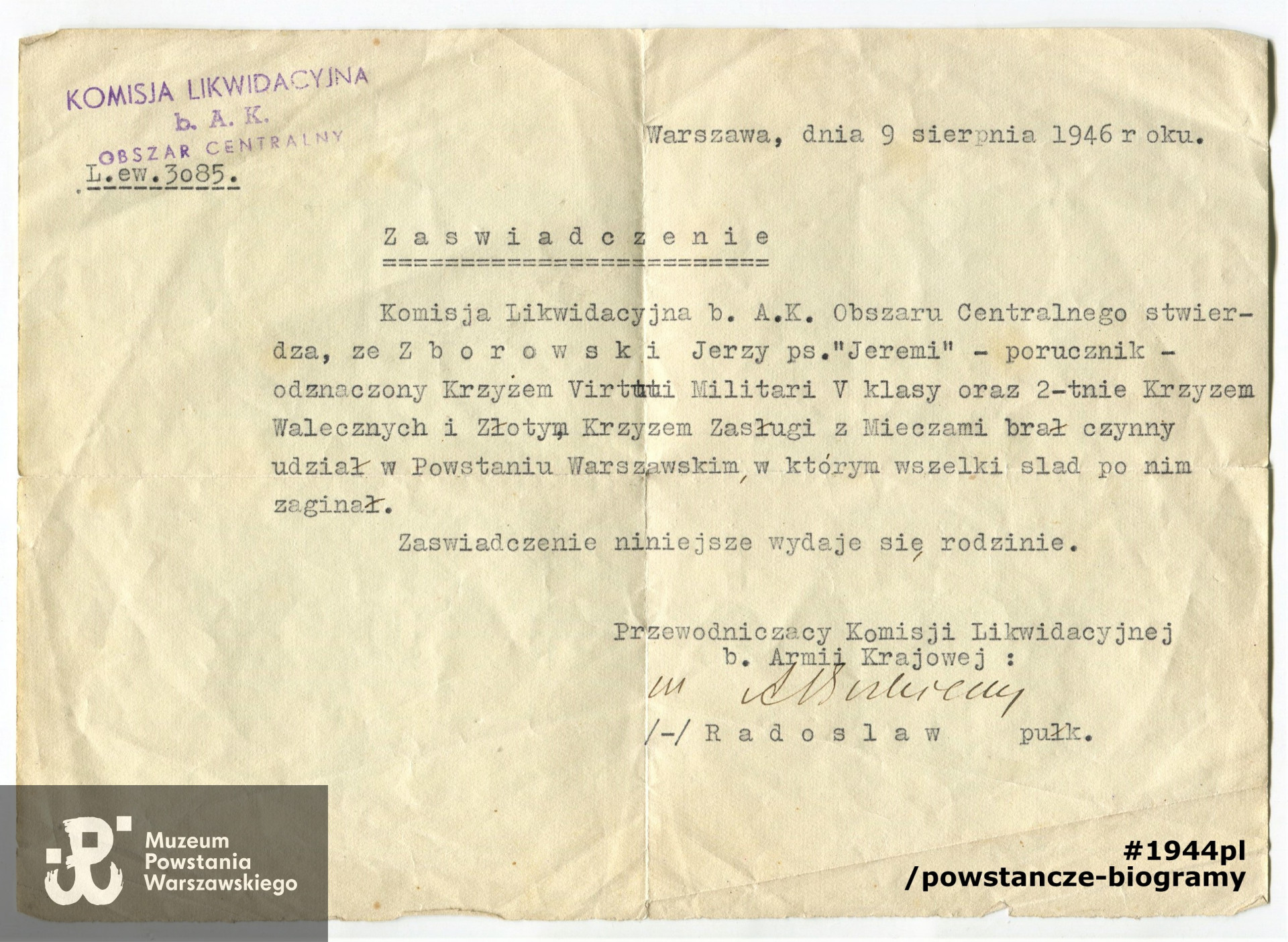 Dokument ze zbiorów  rodzinnych p. Krystyny Zborowskiej - Nurek 