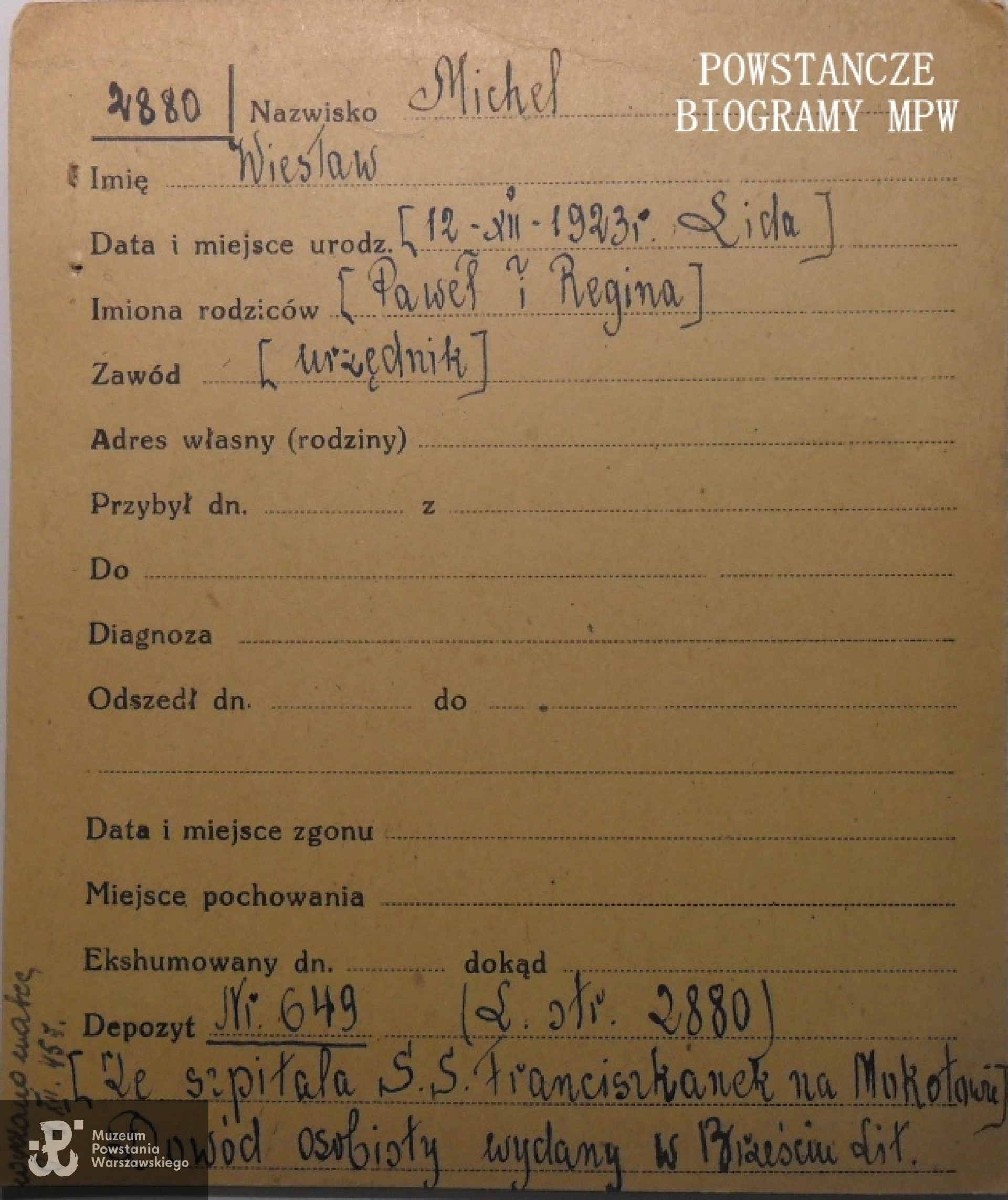 PCK - kartoteka. Informacja o depozycie - dowodzie osobistym Wiesława, wydanym matce w grudniu 1945 roku.