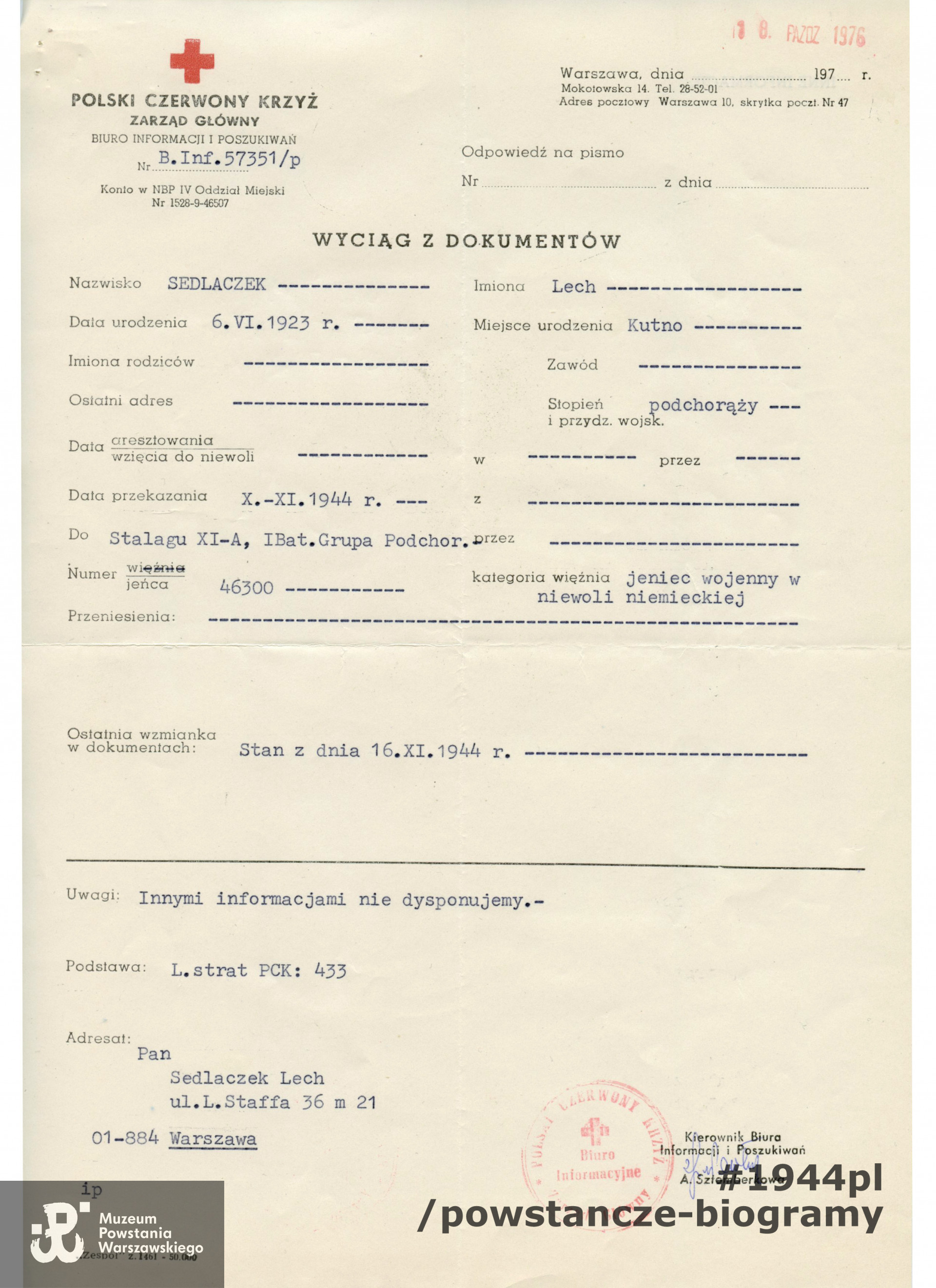 Zaświadczenie PCK. Z archiwum rodzinnego p. Lecha Sedlaczka ps. Hak