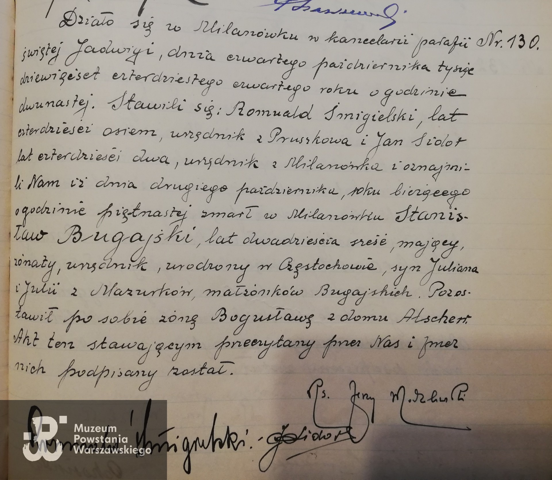 Księga zgonów parafii św. Jadwigi Śląskiej w Milanówku - nr aktu 130/44, Stanisław Bugajski (świadkowie: Romuald Śmigielski, Jan Sidor