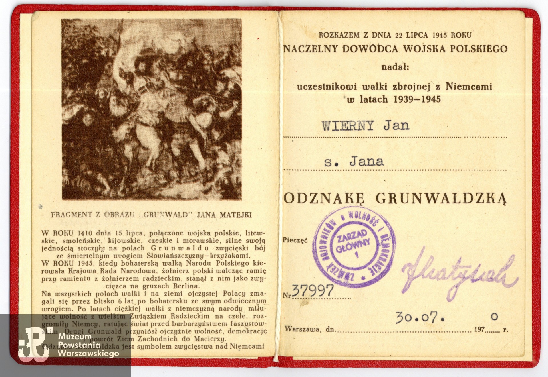 Legitymacja odznaczeniowa - Odznaka Grunwaldzka. Ze zbiorów rodzinnych p. Joanny Lechowicz, córki Powstańca. Skany wykonano w Muzeum Powstania Warszawskiego wiosną 2025 r. 