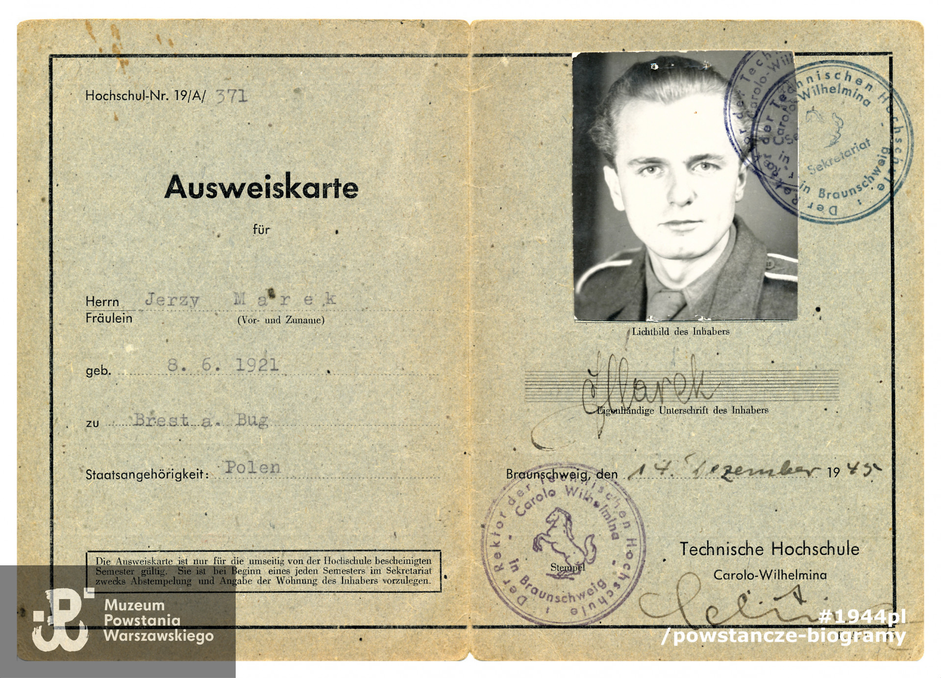 Ausweiskarte z okresu studiów w Niemczech na  kierunku Architektura. Dokument datowany na 14.12.1945 r. 