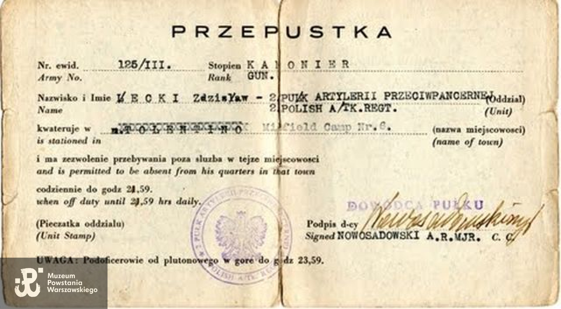 Przepustka z 2 Pułku Artylerii Przeciwpancernej. Ze zbiorów Andrzeja Łęckiego/Archiwum 2. HBAP "Żbik"