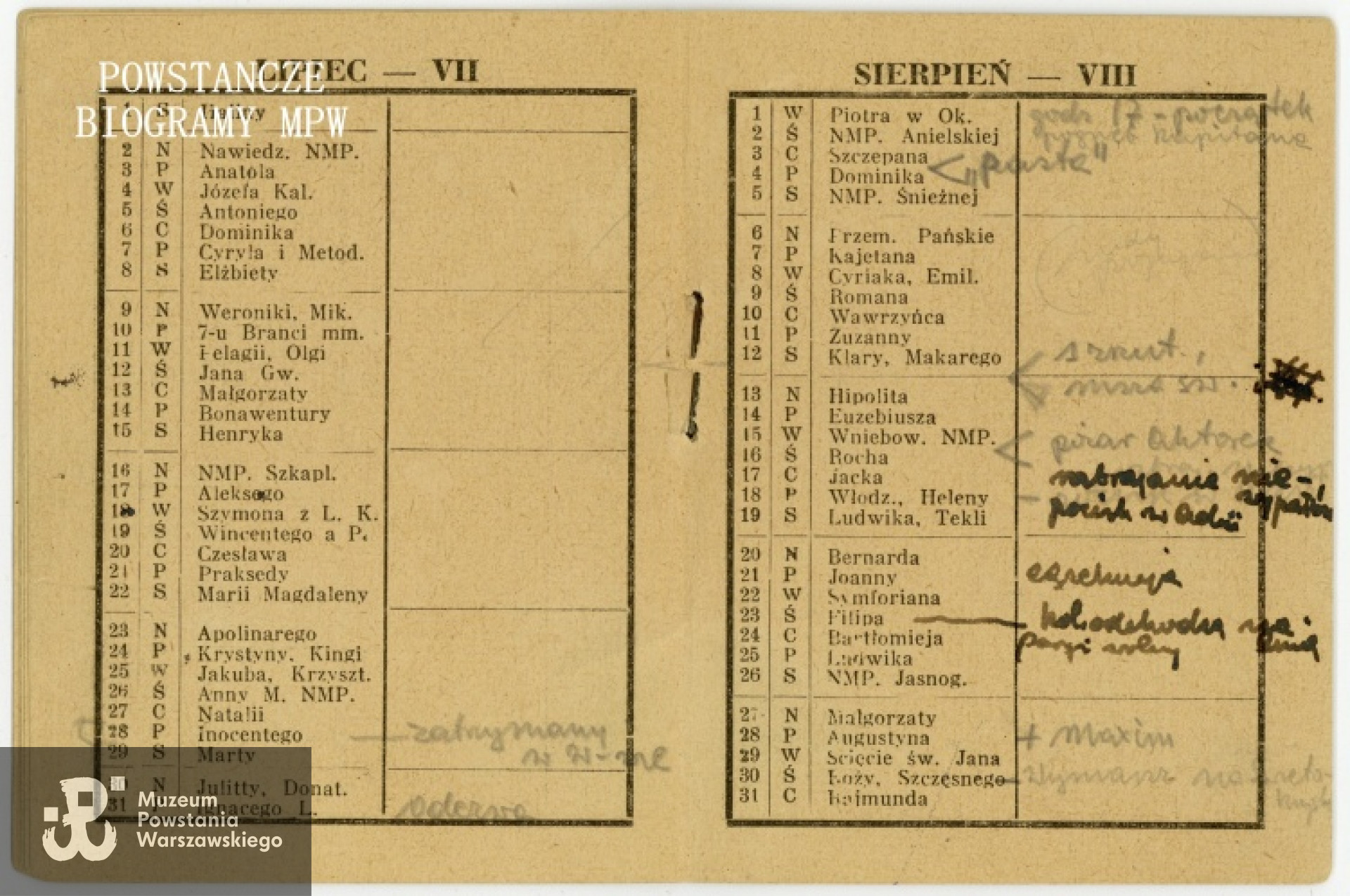 Ofiarowany Muzeum Powstania Warszawskiego "Kalendarzyk kieszonkowy na rok 1944"  z zapiskami kpr. Zygmunta Skoczka. Ze zbiorów Muzeum Powstania Warszawskiego, sygn. P/7255