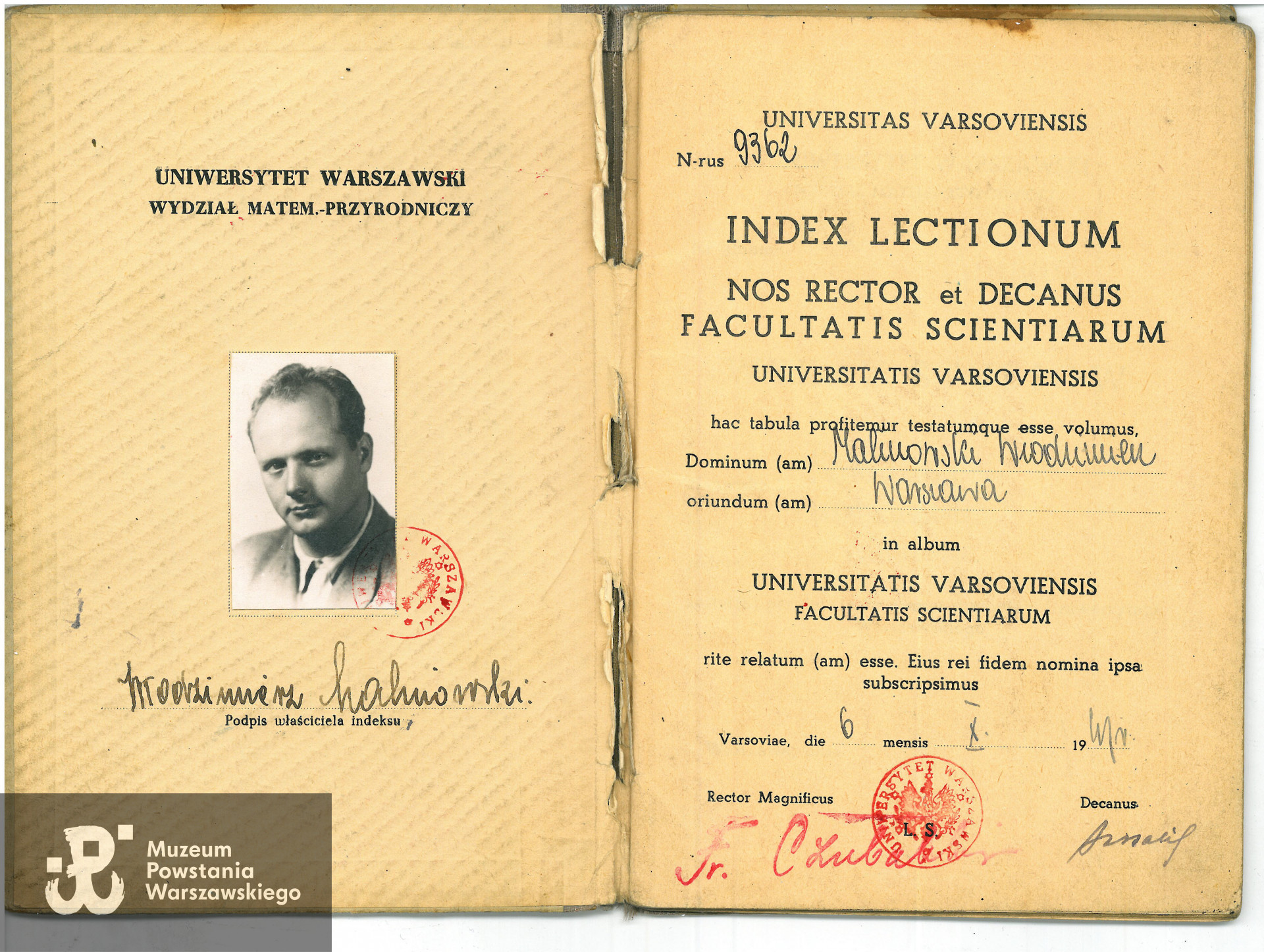 Indeks Wydziału Matematyczno-Przyrodniczego UW. Z archiwum rodzinnego, skan udostępniła p. Elżbieta Malinowska