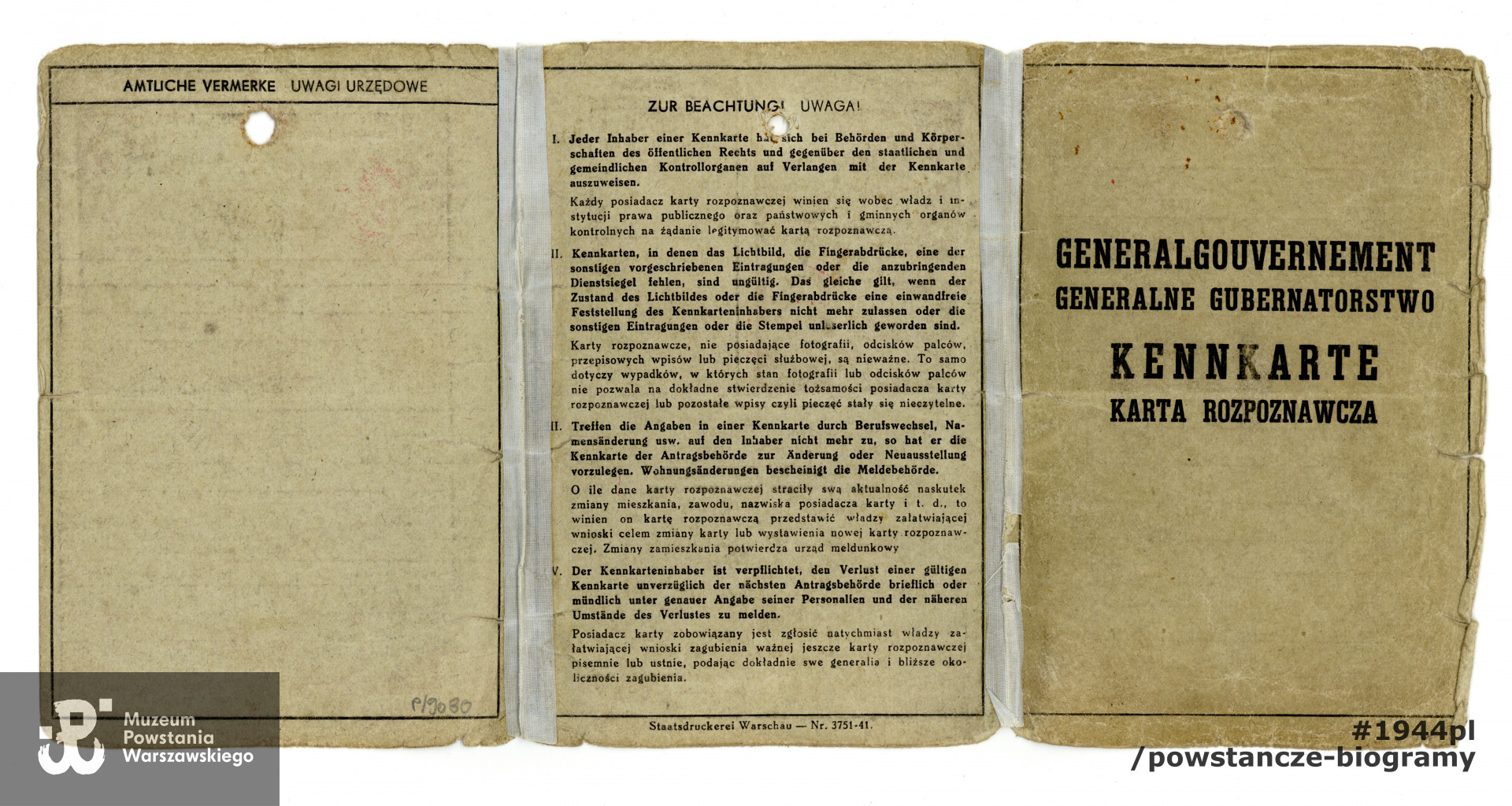  Kennkarta  wystawiona na nazwisko Wojciech Tabaczkiewicz. Ze zbiorów Muzeum Powstania Warszawskiego, sygn. P/9080/18