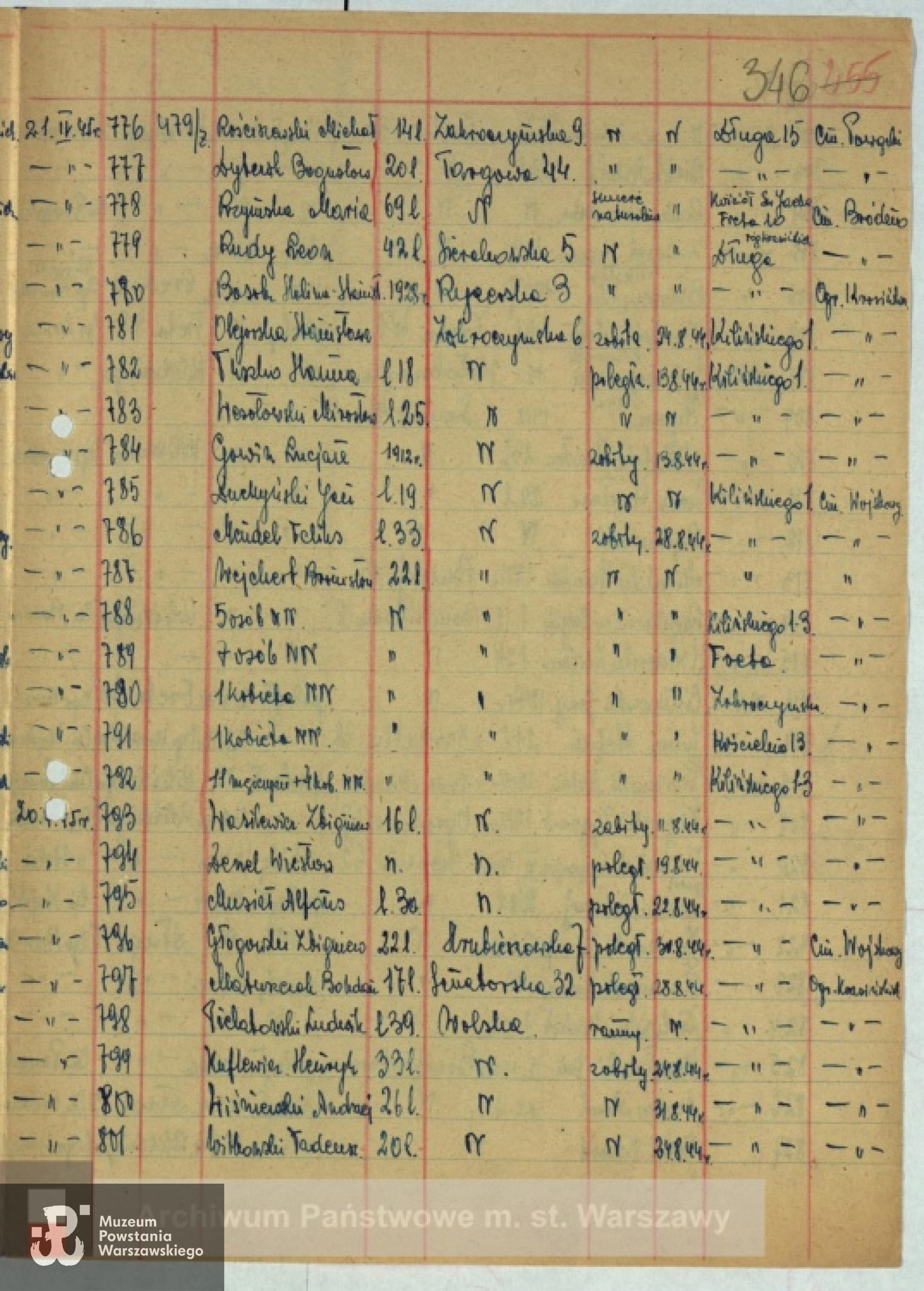Lista ekshumacyjna z nazwiskiem Michała Rościszewskiego. Ze zbiorów Archiwum Państwowego m. st. Warszawy