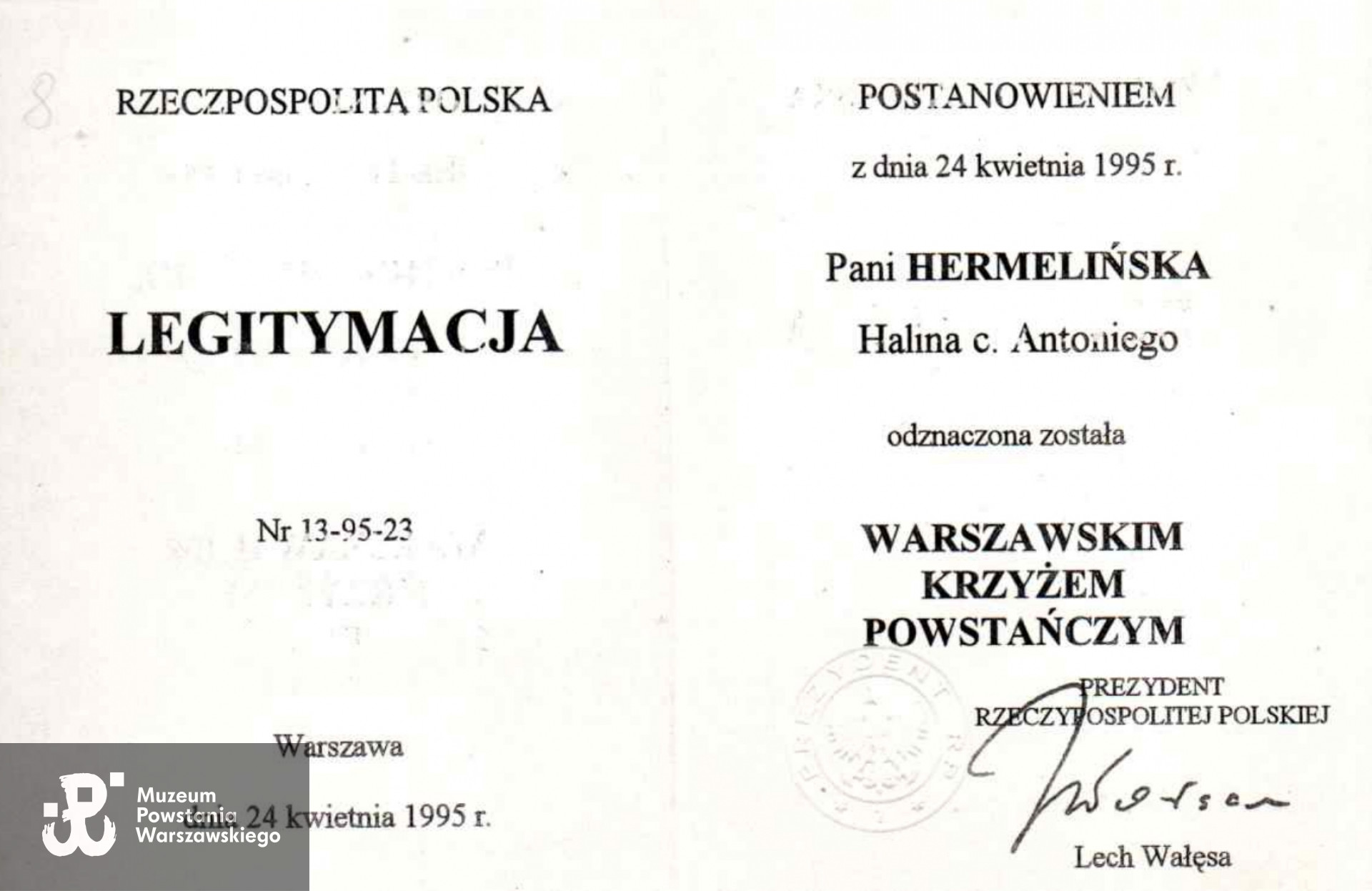 Legitymacja odznaczeniowa - Warszawski Krzyż Powstańczy. Ze zbiorów rodzinnych, skan udostępnił p. Jerzy Hermeliński.