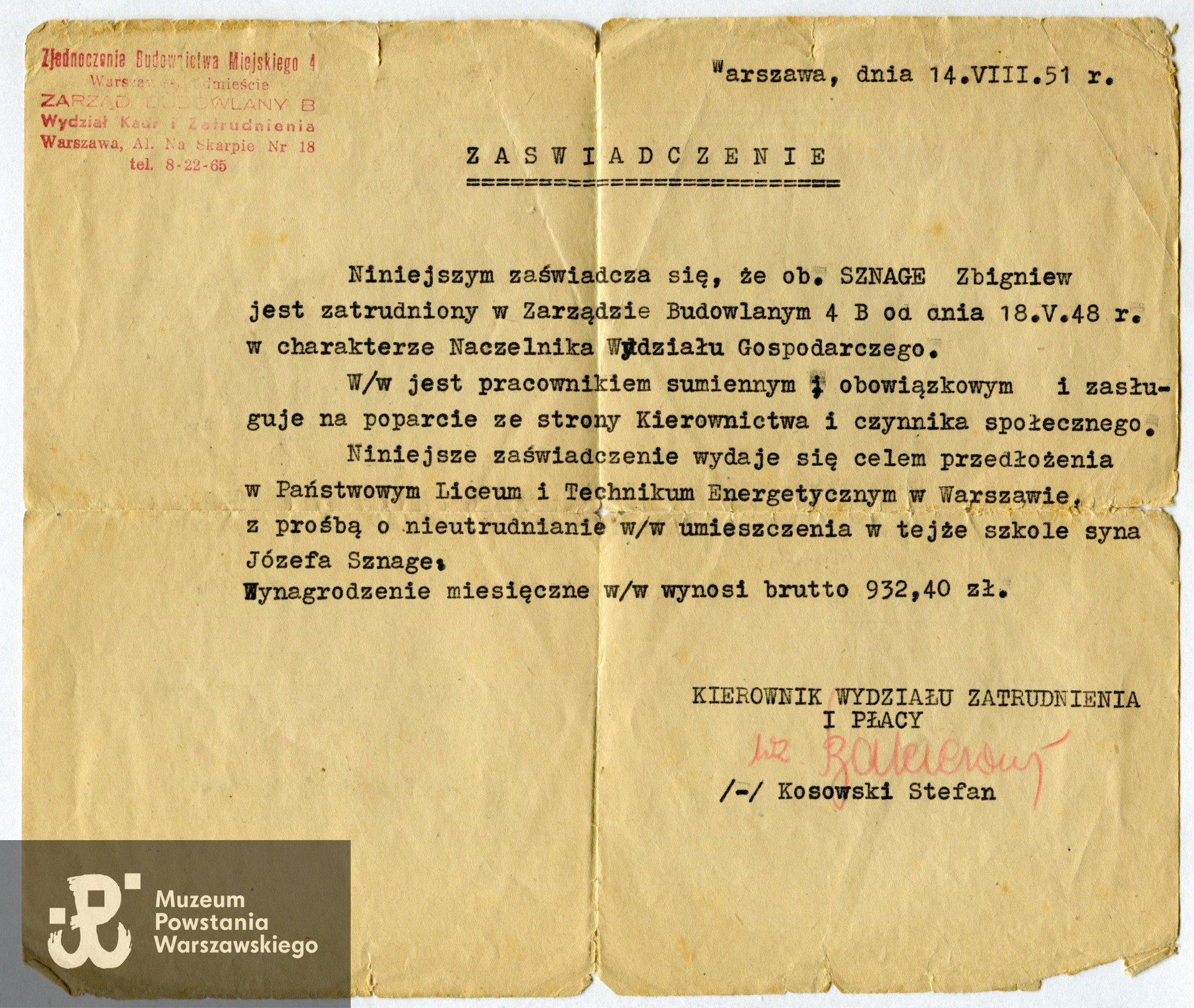  Zaświadczenie o zatrudnieniu wystawione przez Zjednoczenie  Budownictwa Miejskiego.   Z archiwum rodzinnego p. Marka Sznage