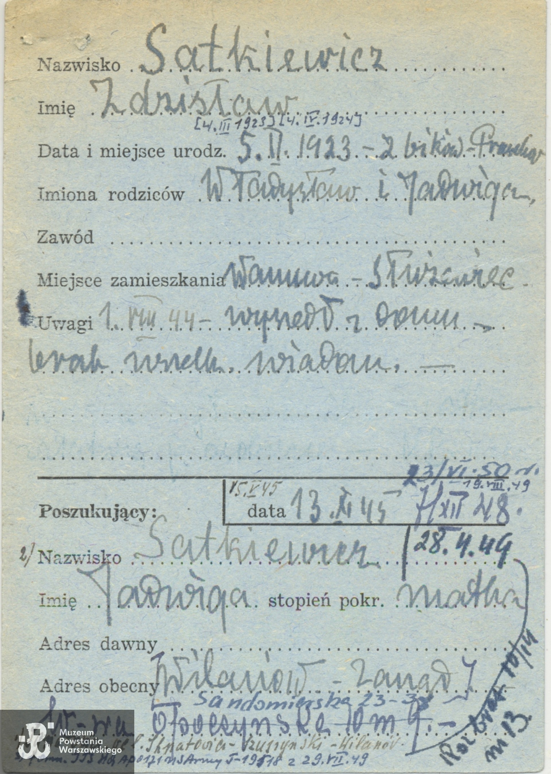 Polski Czerwony Krzyż - kartoteka. Poszukiwania syna przez matkę Jadwigę Satkiewicz