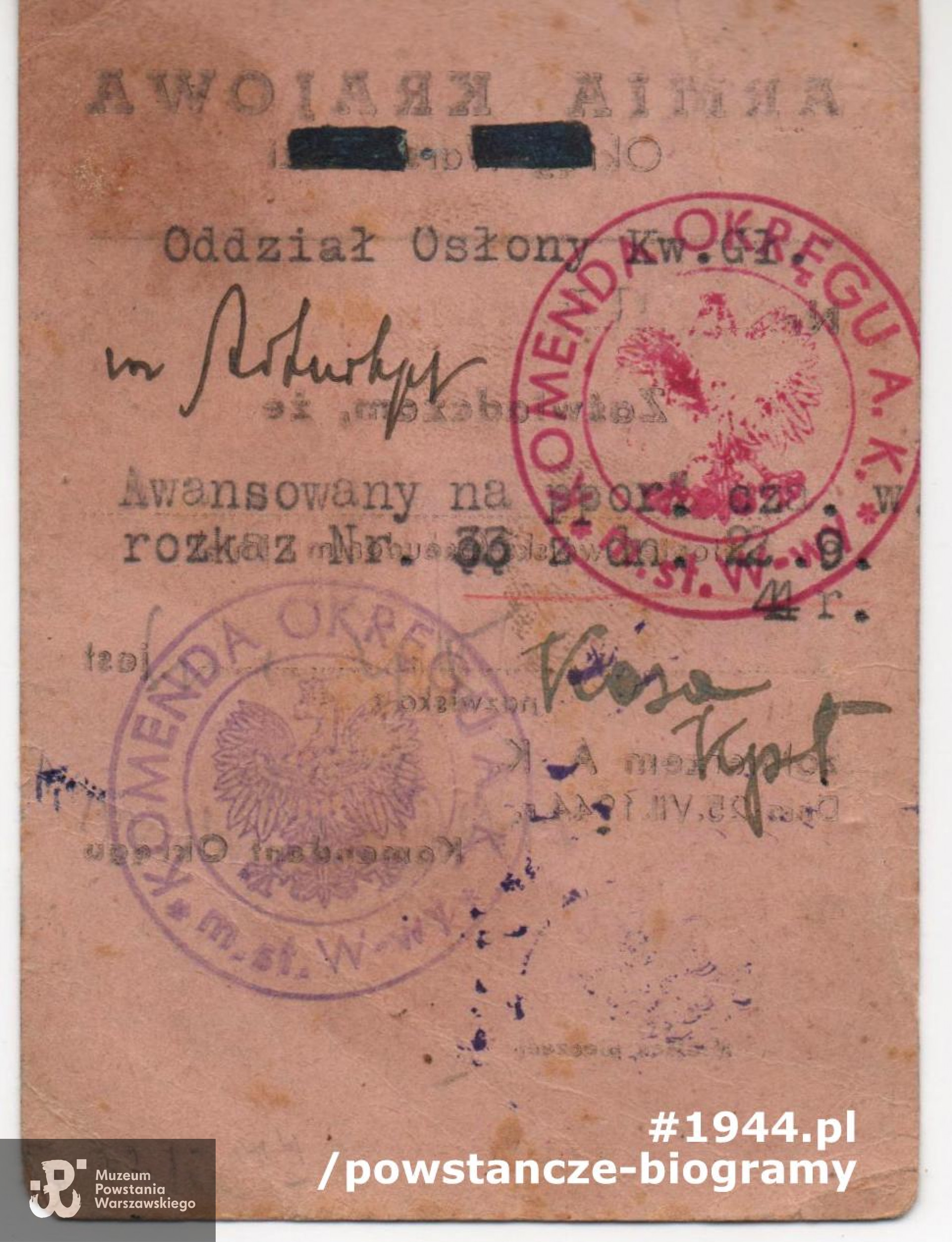 Należąca do ppor. Zygmunta Malinowskiego "Kruka" legitymacja żołnierza Armii Krajowej. Ze zbiorów rodzinnych p. Ryszarda Malinowskiego.