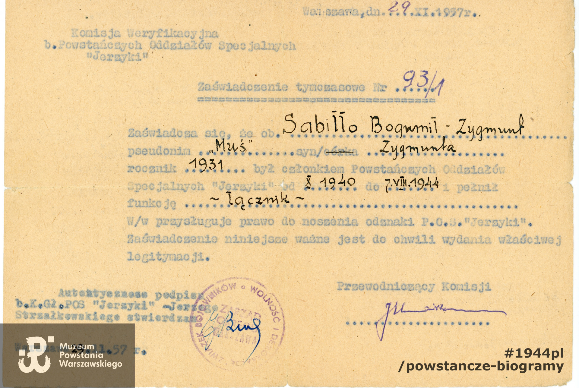 Dokument ze zbiorów rodzinnych, udostępnił p. Bogumił Sabiłło