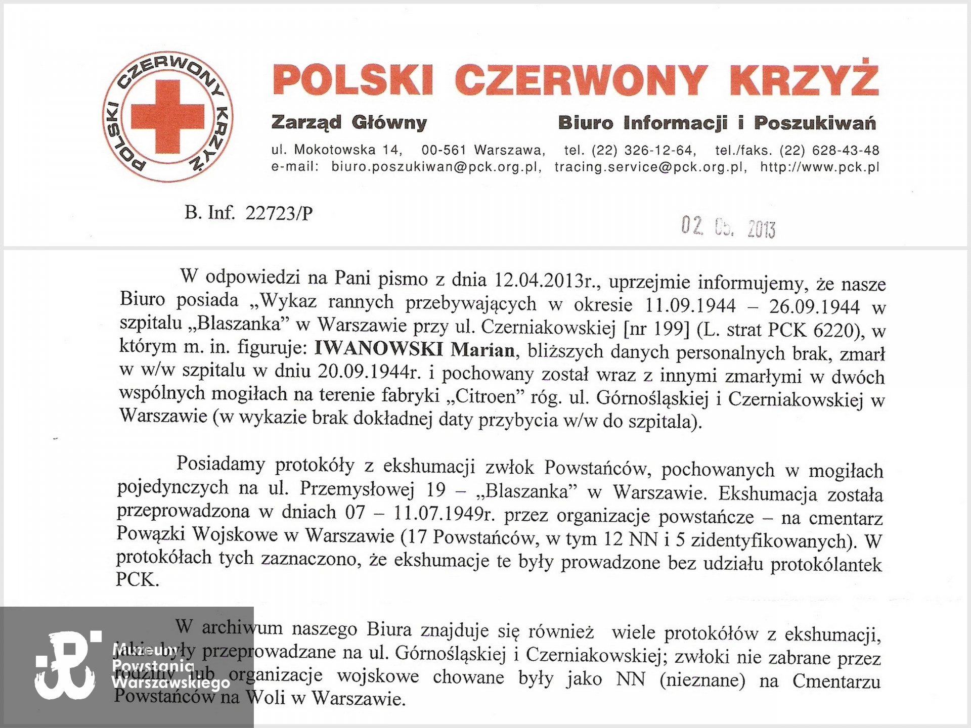 Pismo Biura Informacji i Poszukiwań PCK do wnuczki Mariana Iwanowskiego, 2013 r. 