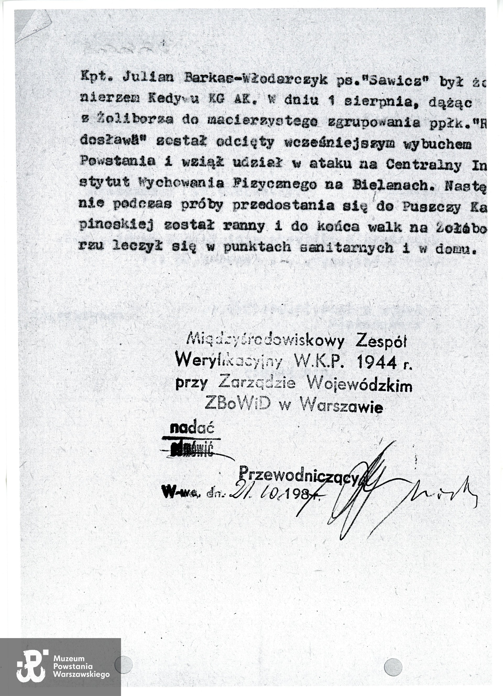Uzasadnienie do wniosku o nadanie kpt. Julianowi Barkasowi Warszawskiego Krzyża Powstańczego. Muzeum Powstania Warszawskiego, Teczki personalne uczestników Powstania Warszawskiego: Barkas (Barkas-Włodarczyk) Julian ps. Sawicz