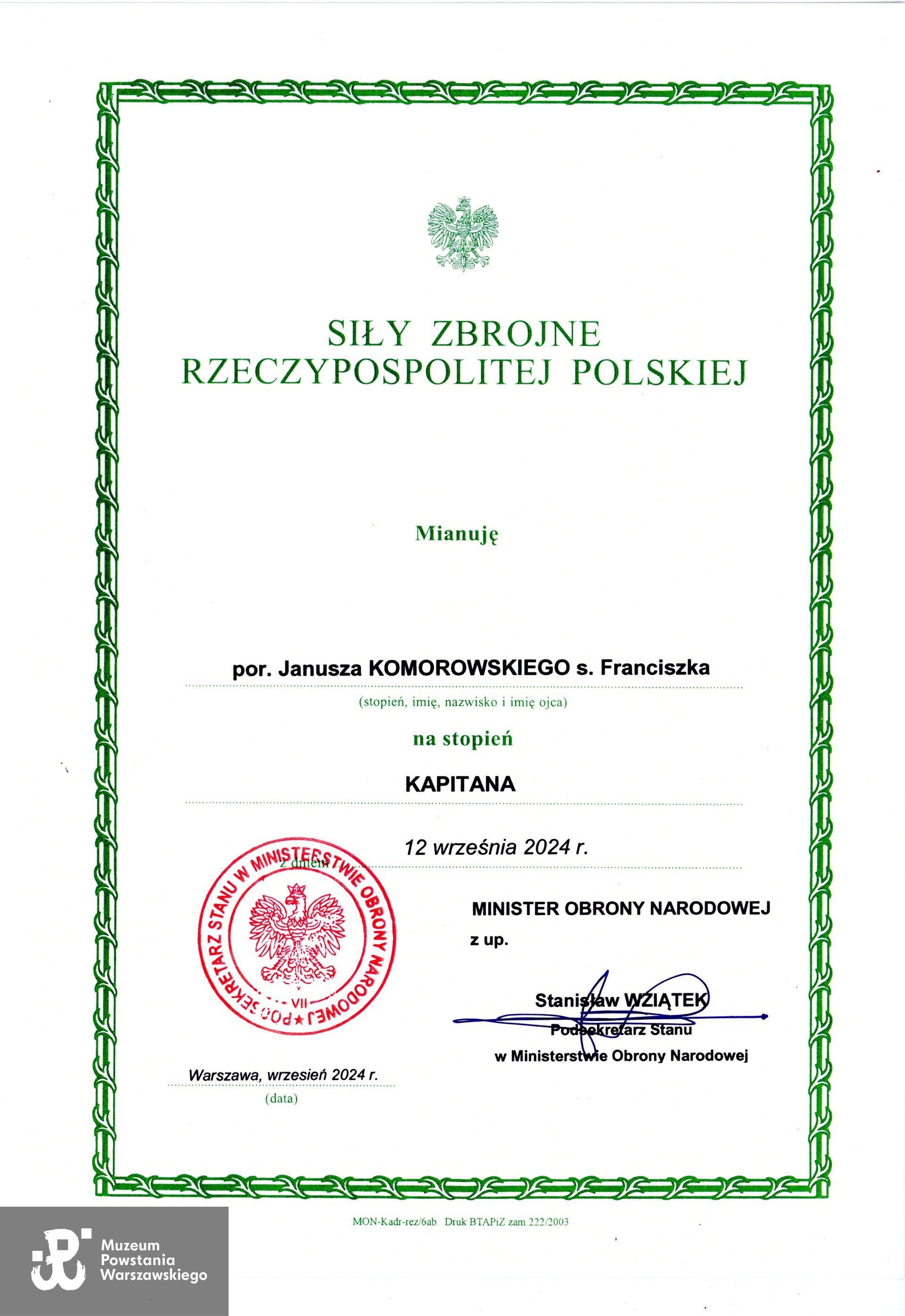 Nominacja na stopień kapitana, MON, 12.09.2024. Ze zbiorów p. Janusza Komorowskiego ps. Antek