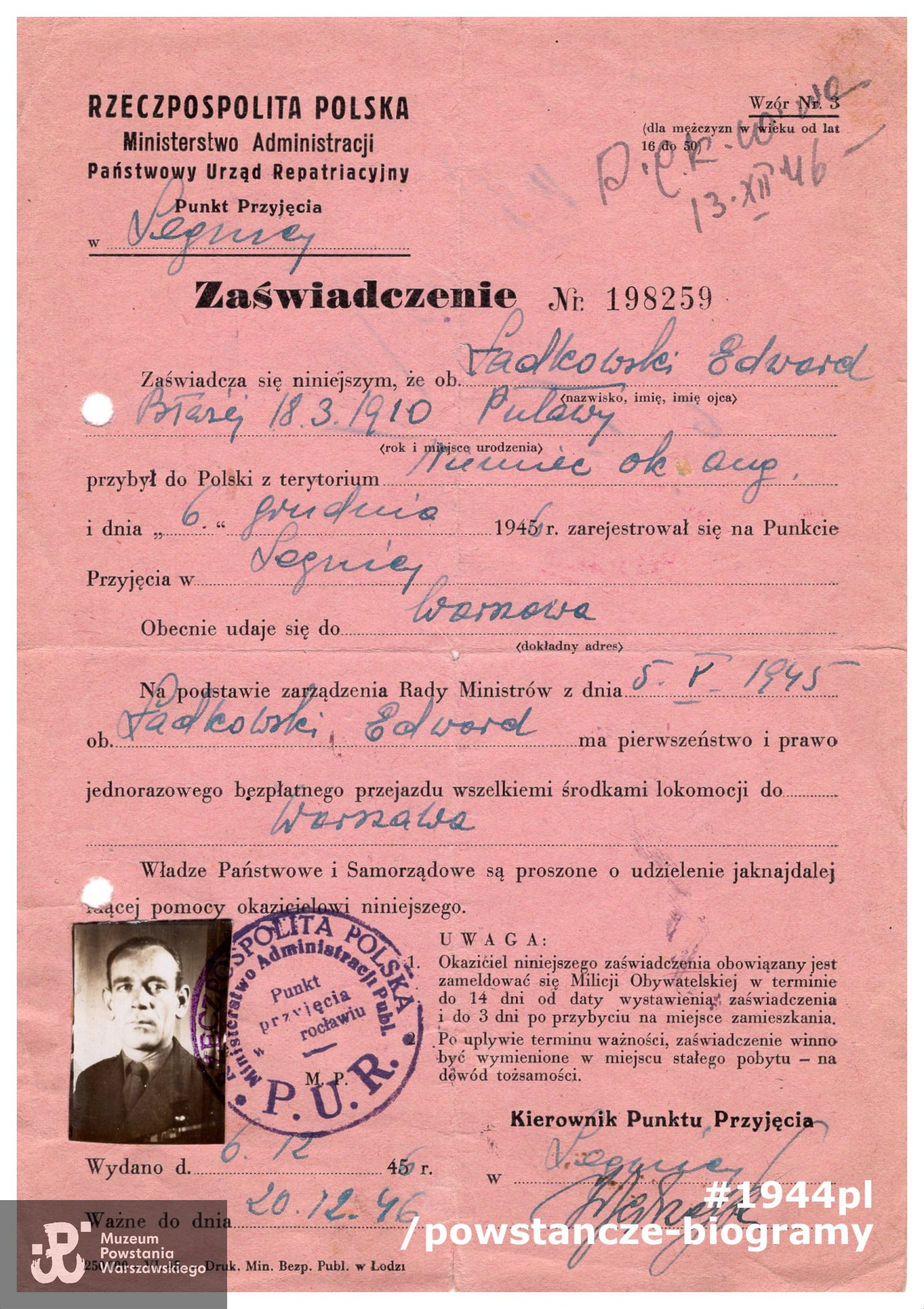 Zaświadczenie Państwowego Urzędu Repatriacyjnego. Ze zbiorów Muzeum Powstania Warszawskiego