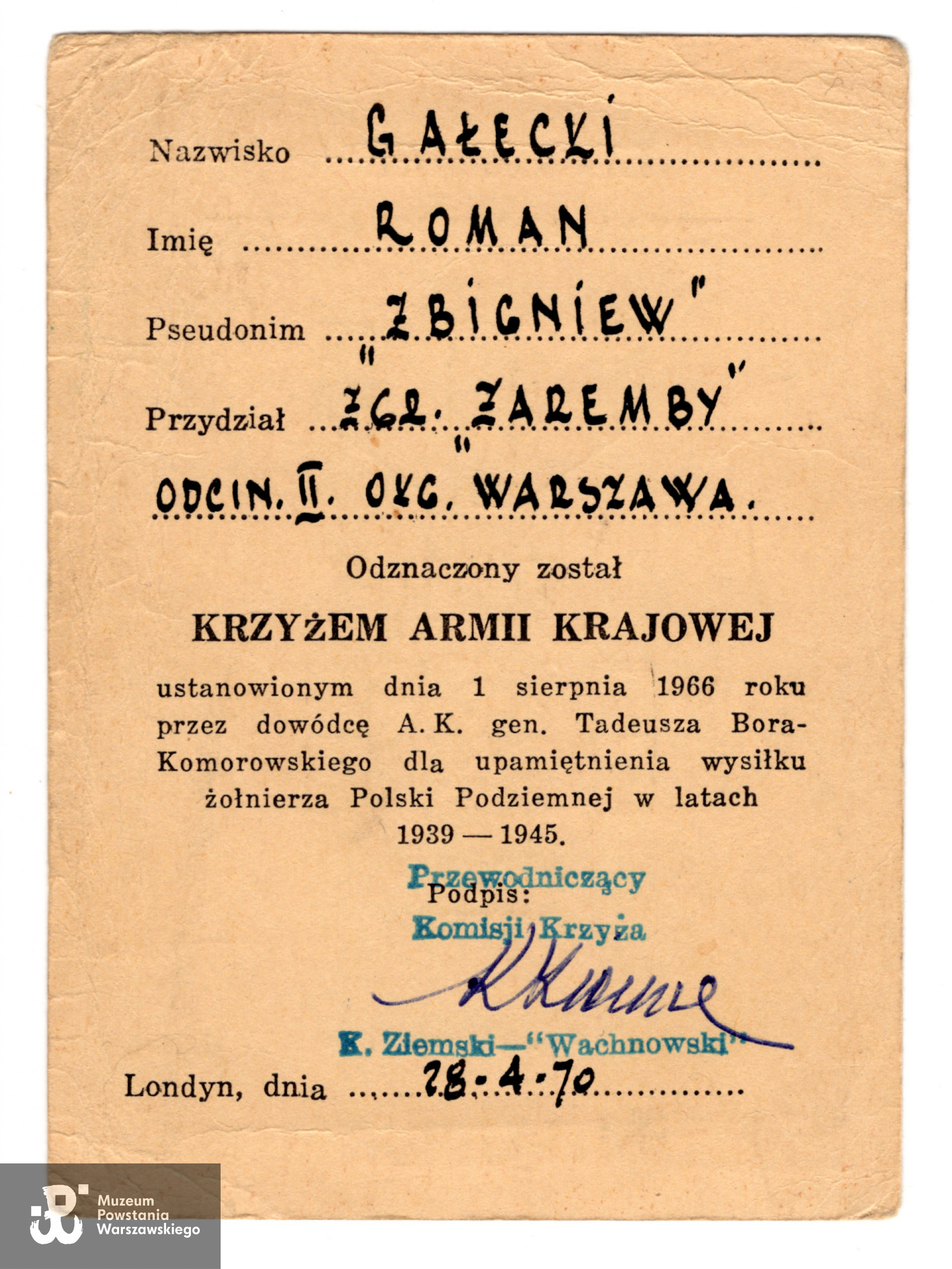 Legitymacja odznaczeniowa: Krzyż Armii Krajowej - rewers. Ze zbiorów rodzinnych p. Danuty Szydłowskiej