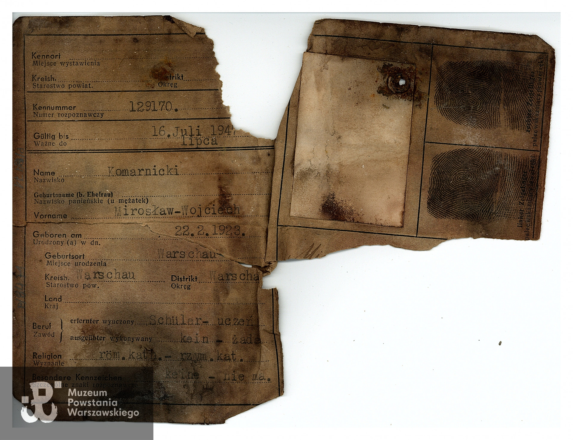 Fragmenty kenkarty (karty tożsamości) Mirosława Wojciecha Komarnickiego. Dokument znaleziony przy poległym podczas powojennej ekshumacji. 