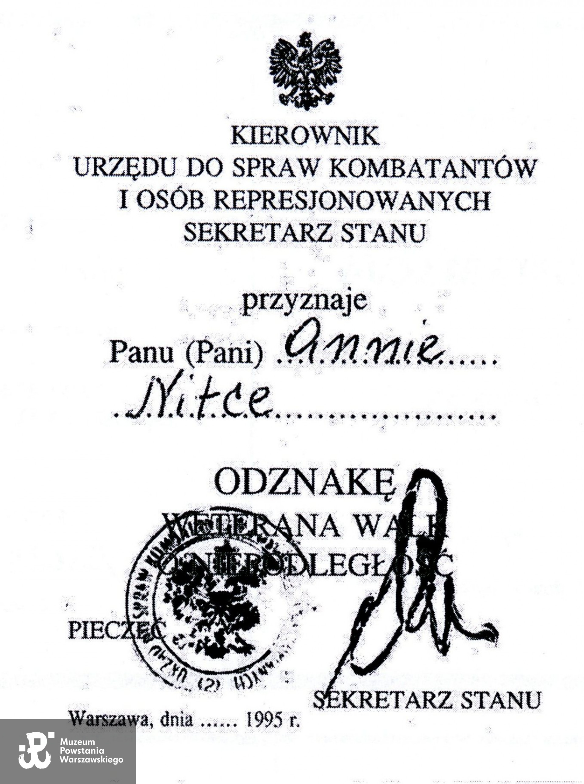 Muzeum Powstania Warszawskiego, Teczki personalne uczestników Powstania Warszawskiego: Morawska Anna "Anna", zasób Pokoju Kombatanta MPW