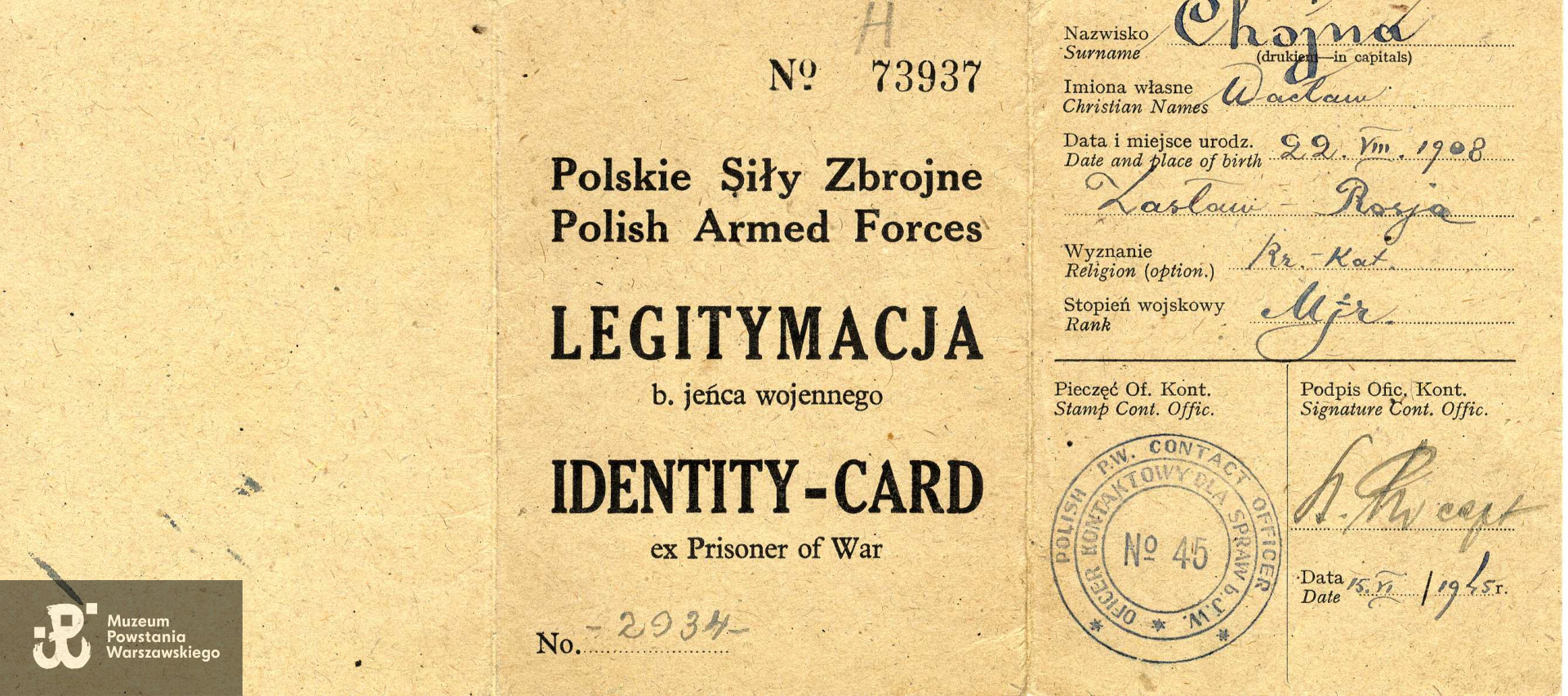 Legitymacja Byłego Jeńca Wojennego. Dokument ze zbiorów rodzinnych, skan udostępniła p. Agnieszka Ławacz-Sampanis