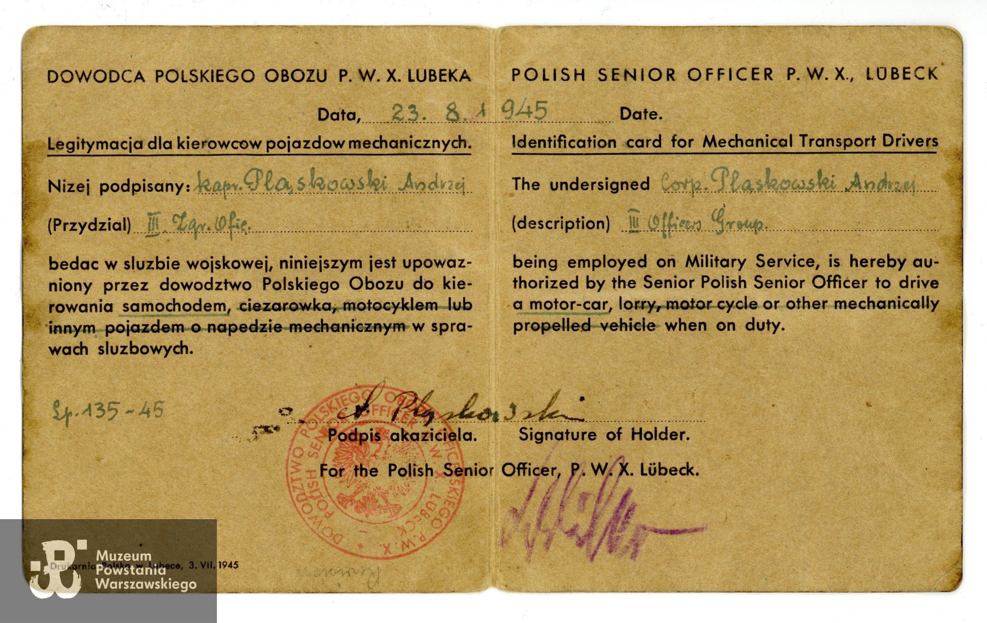 Dokument  ze zbiorów rodzinnych p. Andrzeja Pląskowskiego. Skan wykonano w Muzeum Powstania Warszawskiego, 2016