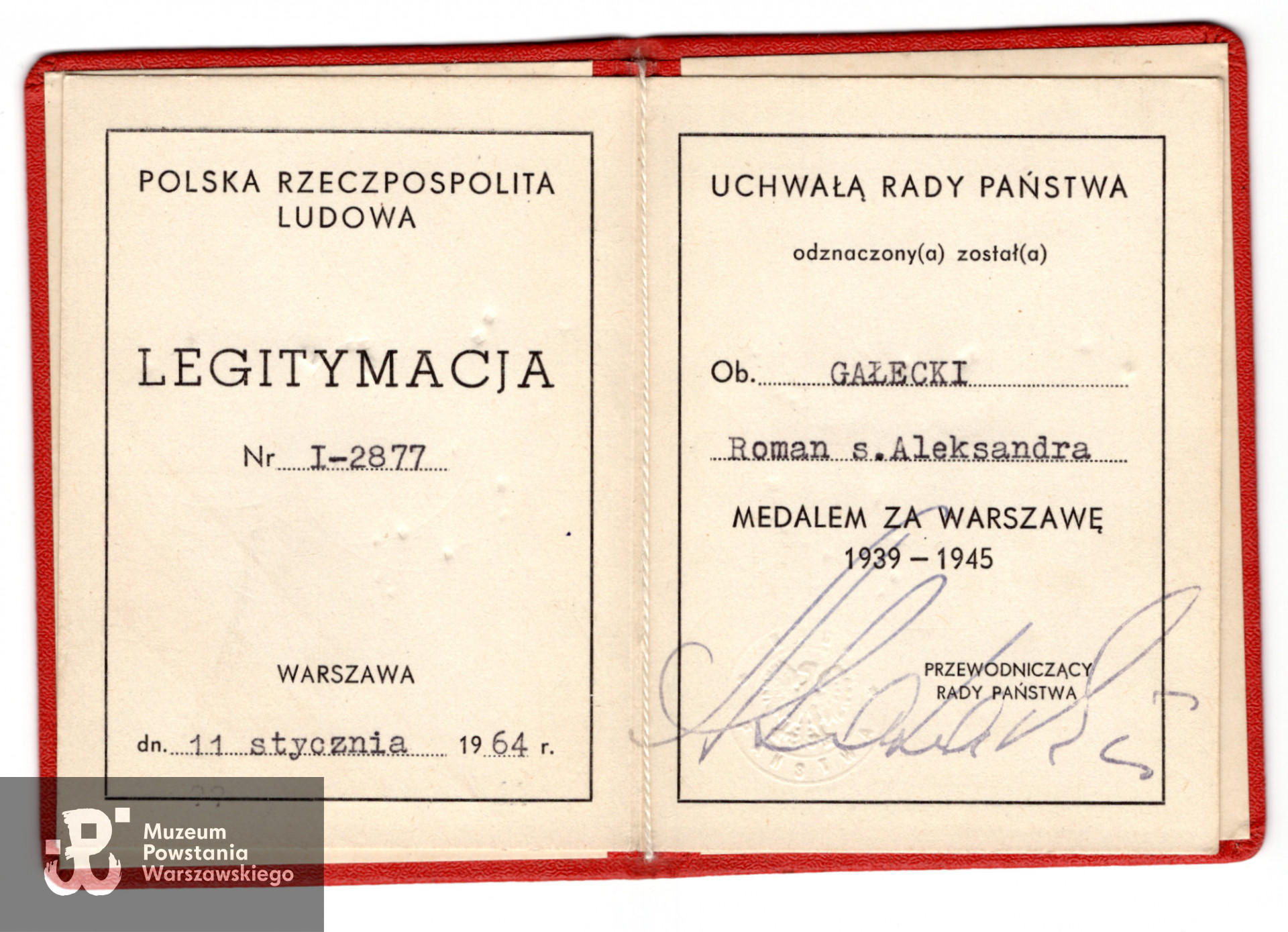 Legitymacja odznaczeniowa: Medal za Warszawę 1939 - 1945.  Ze zbiorów rodzinnych p. Danuty Szydłowskiej