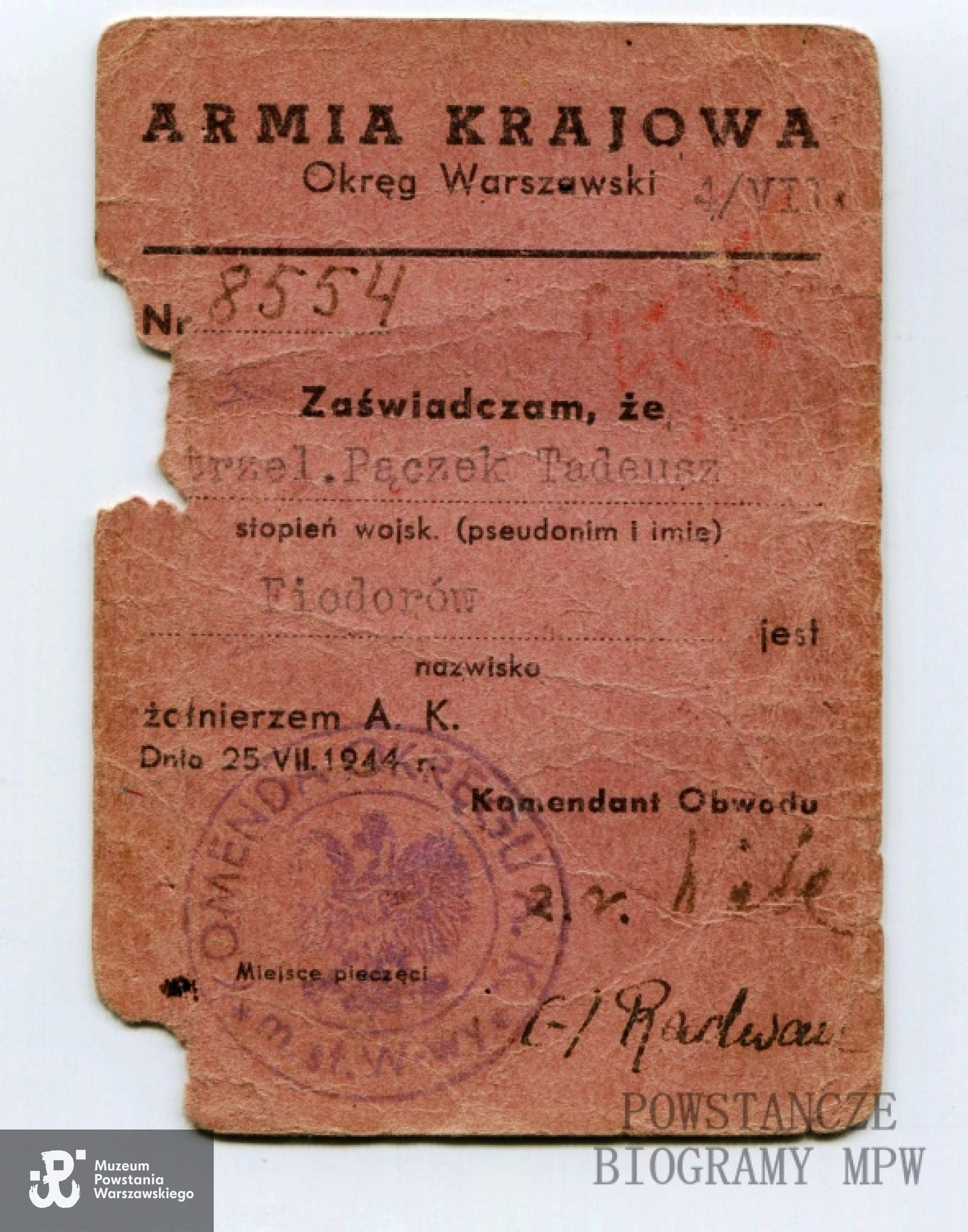 Należąca do kpr. Tadeusza Fiodorowa ps. "Pączek" (1916-1993) legitymacja Armii Krajowej. Z archiwum rodzinnego syna.
