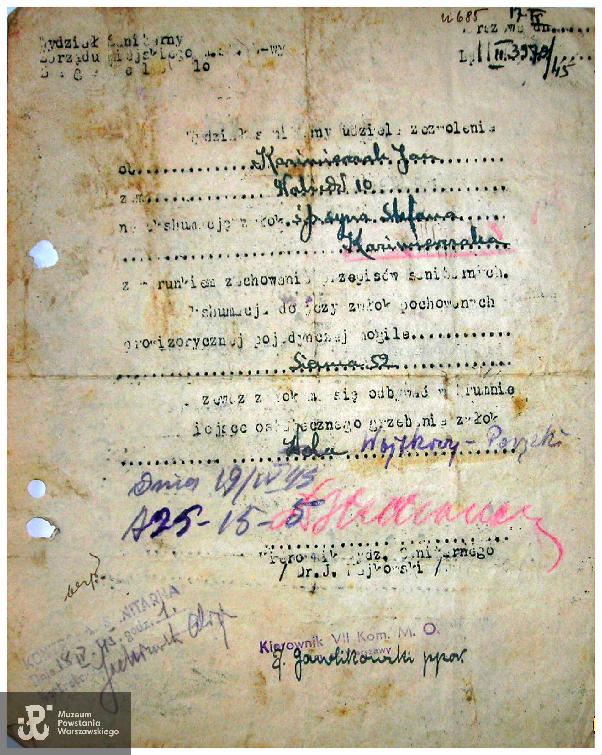 Pozwolenia na ekshumację. Skan z kwerendy "Powązki Wojskowe" udostępniony przez  Marka Stroka, przesłała p. Beata Trzcińska 