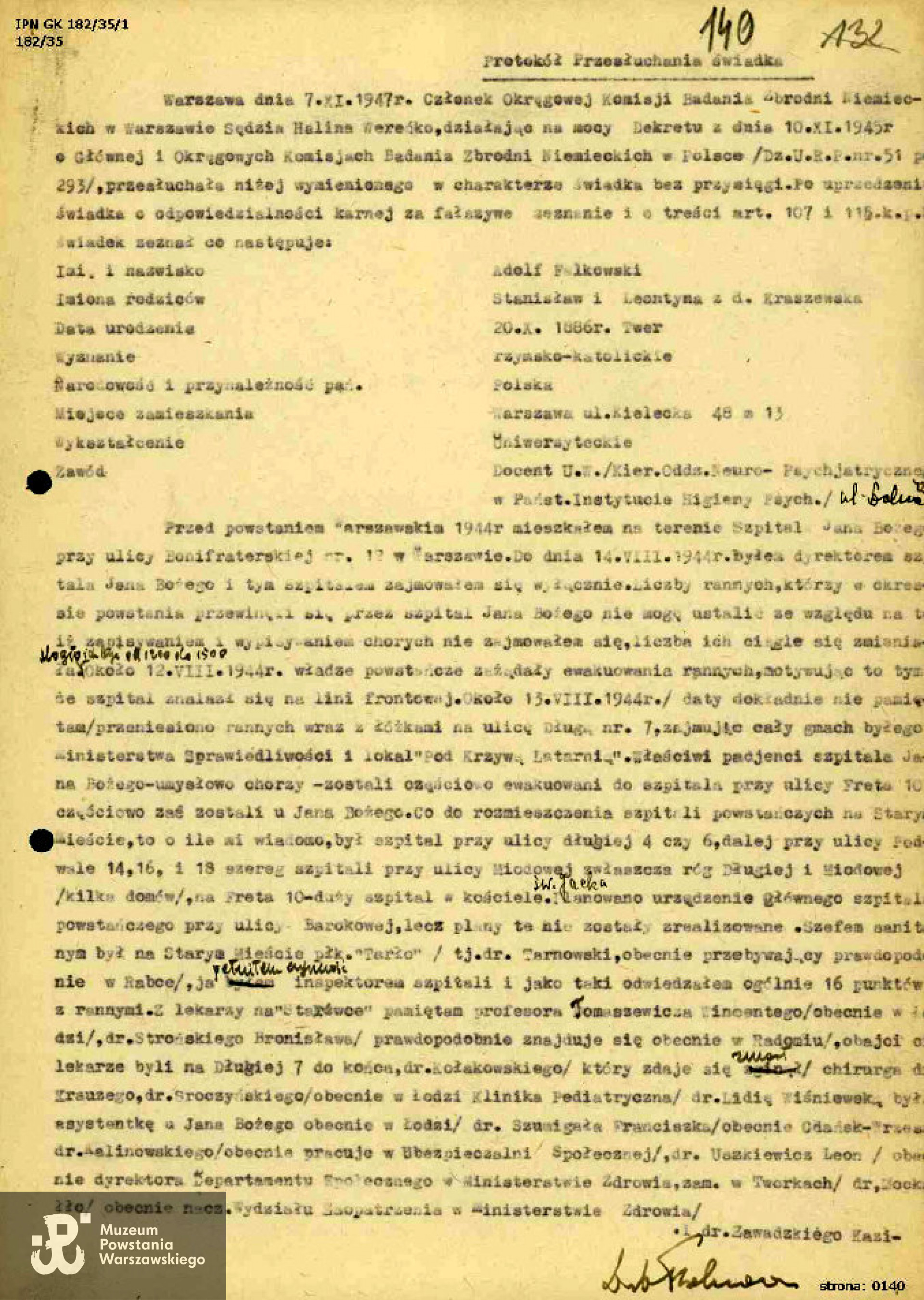 Zeznanie złożone przed Okręgową Komisją Badania Zbrodni Niemieckich, Warszawa, 7 listopada 1947 roku, źródło Zapisy terroru /IPN