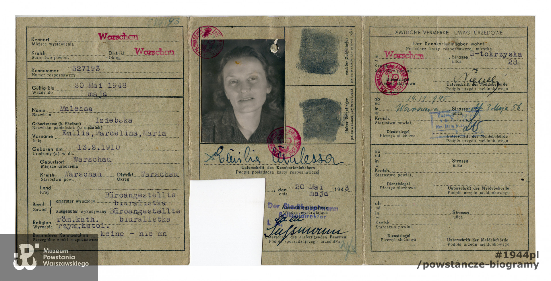 Okupacyjna kenkrata Emilii Malessy. Skan: materiały do Słownika Uczestników PW - Pokój Kombatanta.