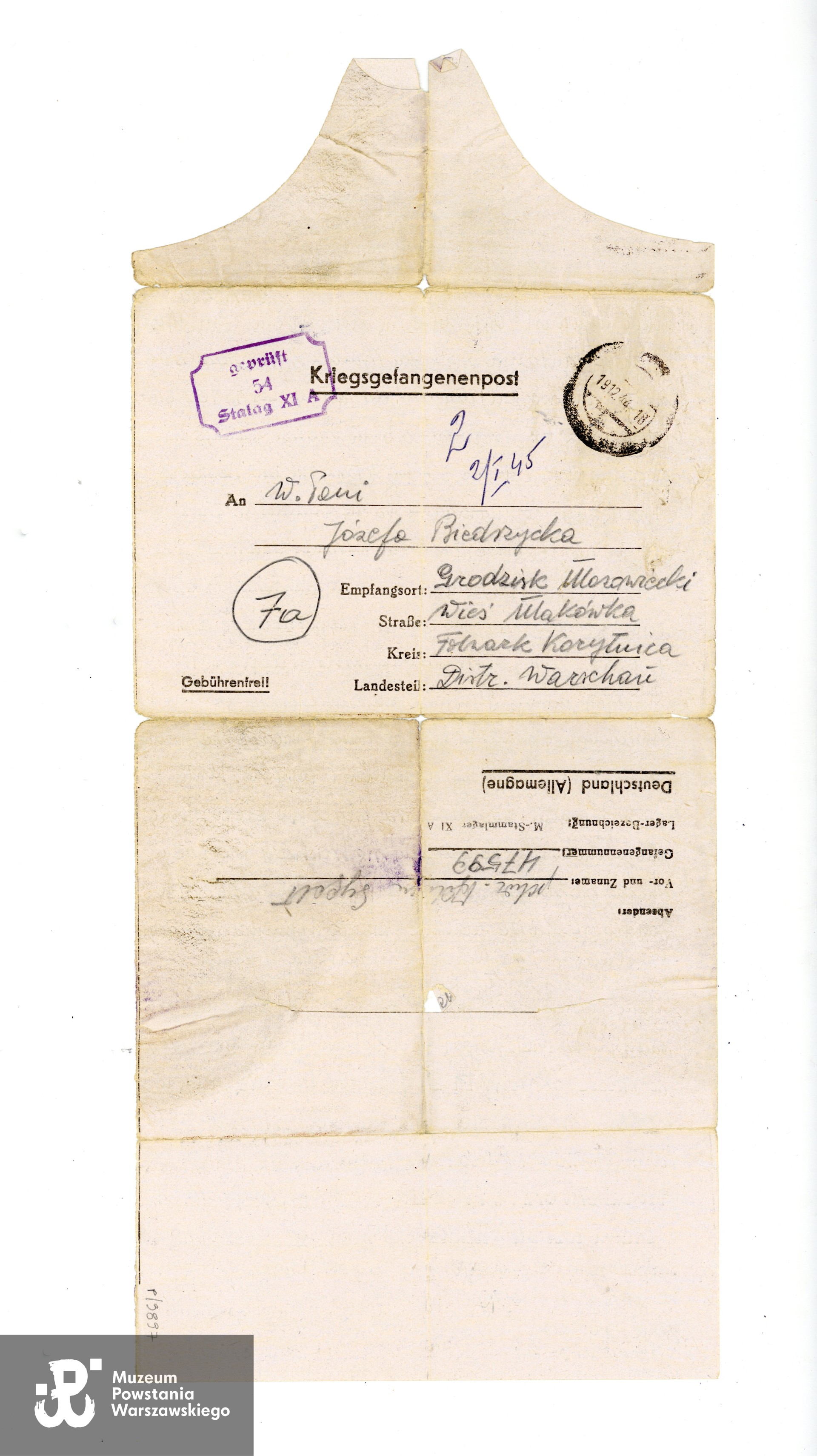 List z obozu jenieckiego Altengrabow (Stalag XIA) napisany przez Adama Jerzego Sygalta do rodziny. Ze zbiorów Muzeum Powstania Warszawskiego, sygn. P/9897, dar p. Ewy Sygalt-Synowieckiej i p. Mariusza Synowieckiego