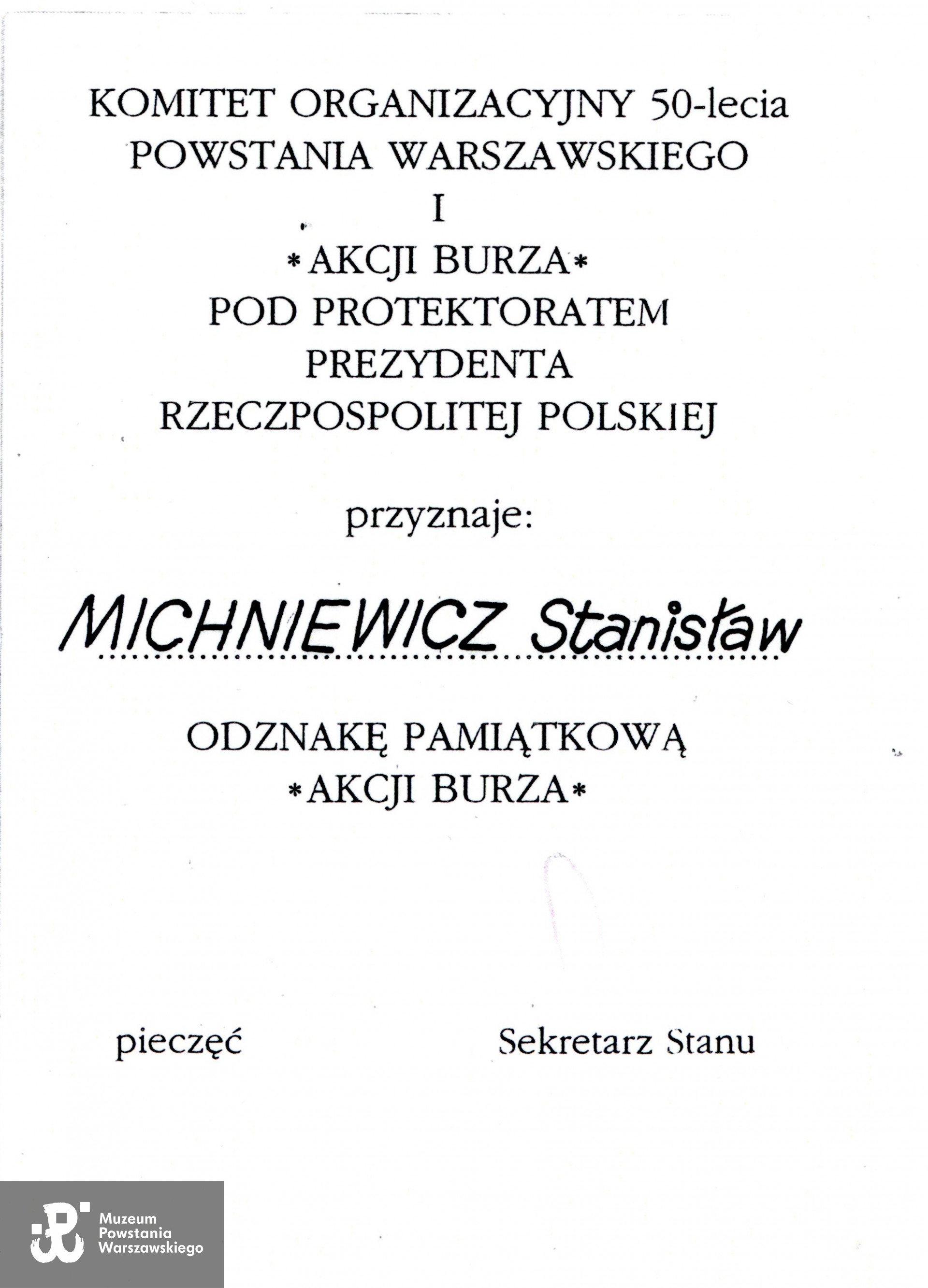 Muzeum Powstania Warszawskiego, Teczki personalne uczestników Powstania Warszawskiego: Michniewicz Stanisław Kazimierz ps. Żbik, skan z kserokopii przekazanej przez córkę Powstańca