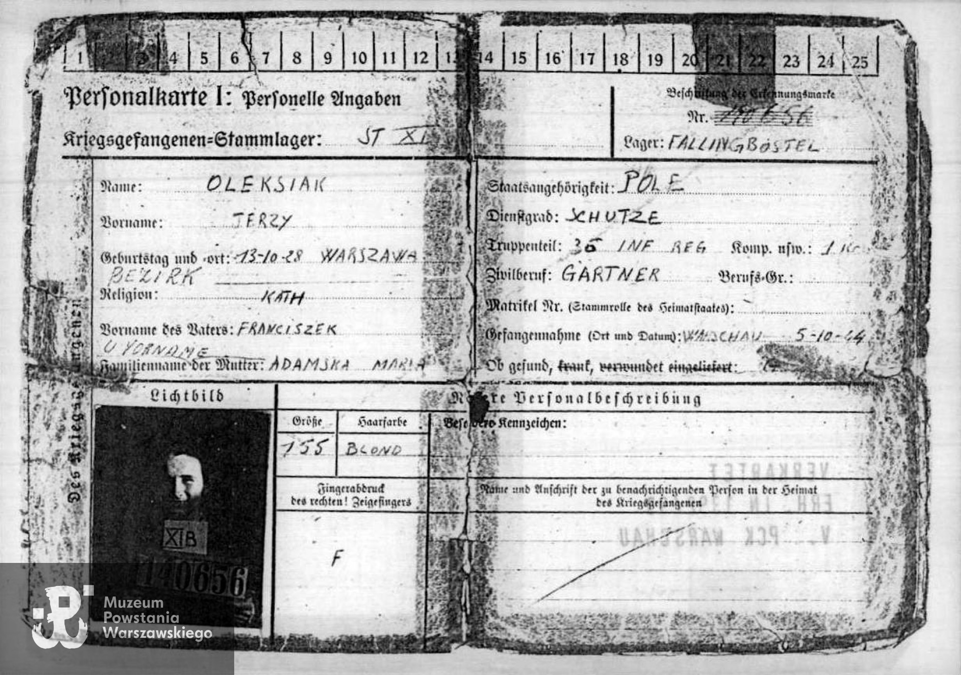 Jerzy Oleksiak „Kapitan” (1928-2020).  Dokument z Archiwum Arolsen.