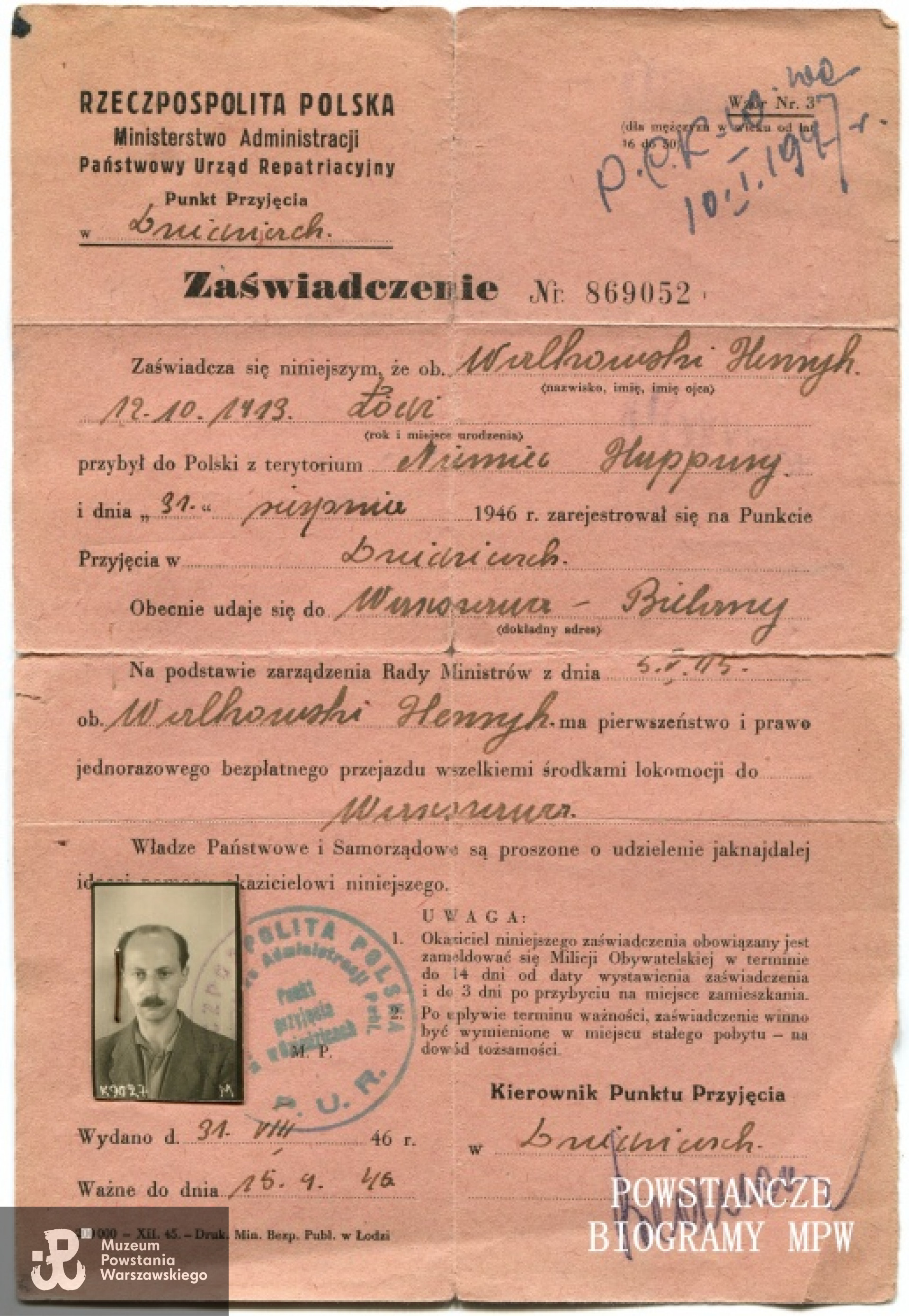 Zaświadczenie repatriacyjne o powrocie do kraju. - 1946 rok. Fot. archiwum rodzinne