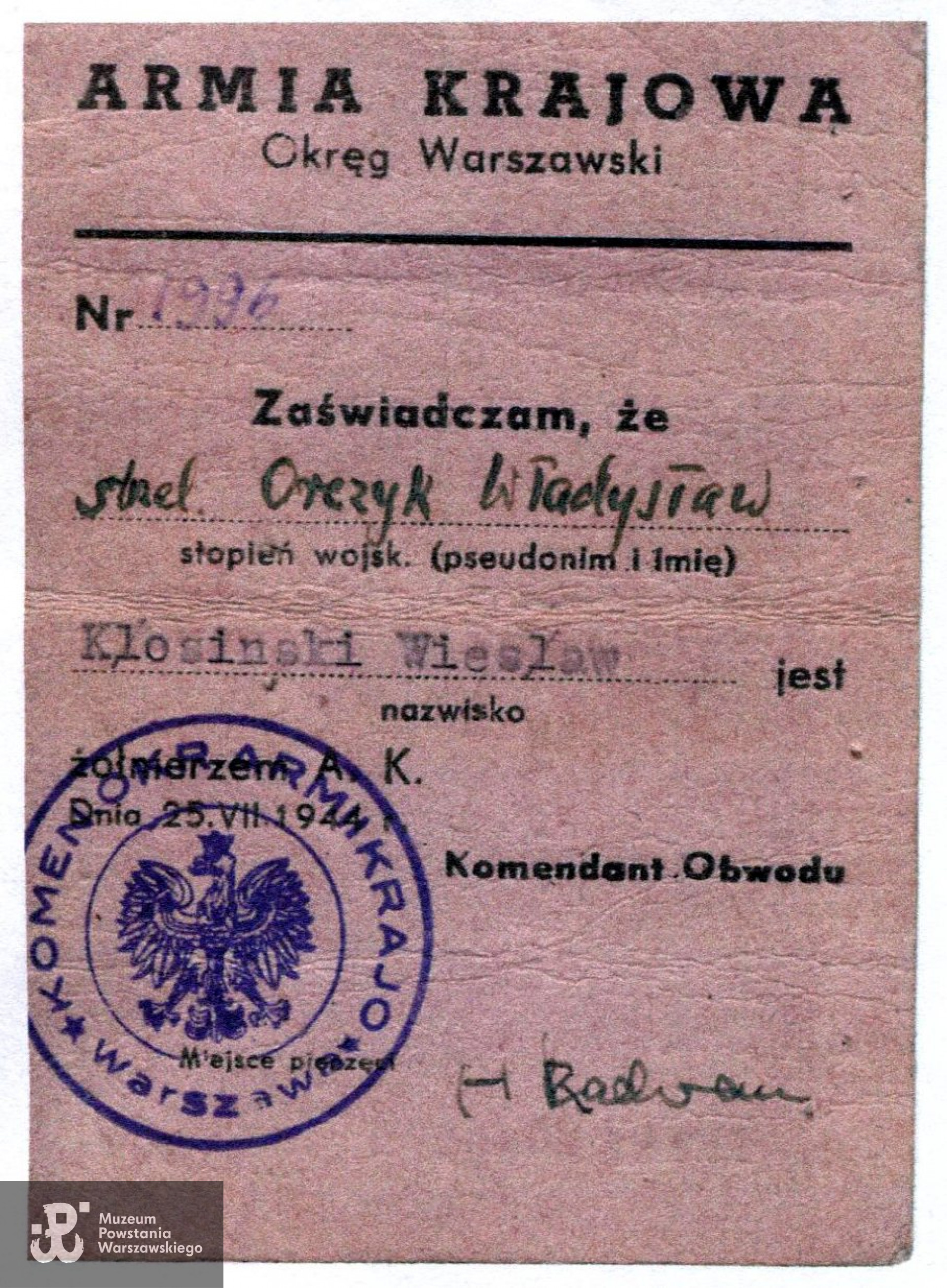 Legitymacja AK Wiesława Kłosińskiego. Fot. z archiwum rodzinnego Adriany Kłosińskiej