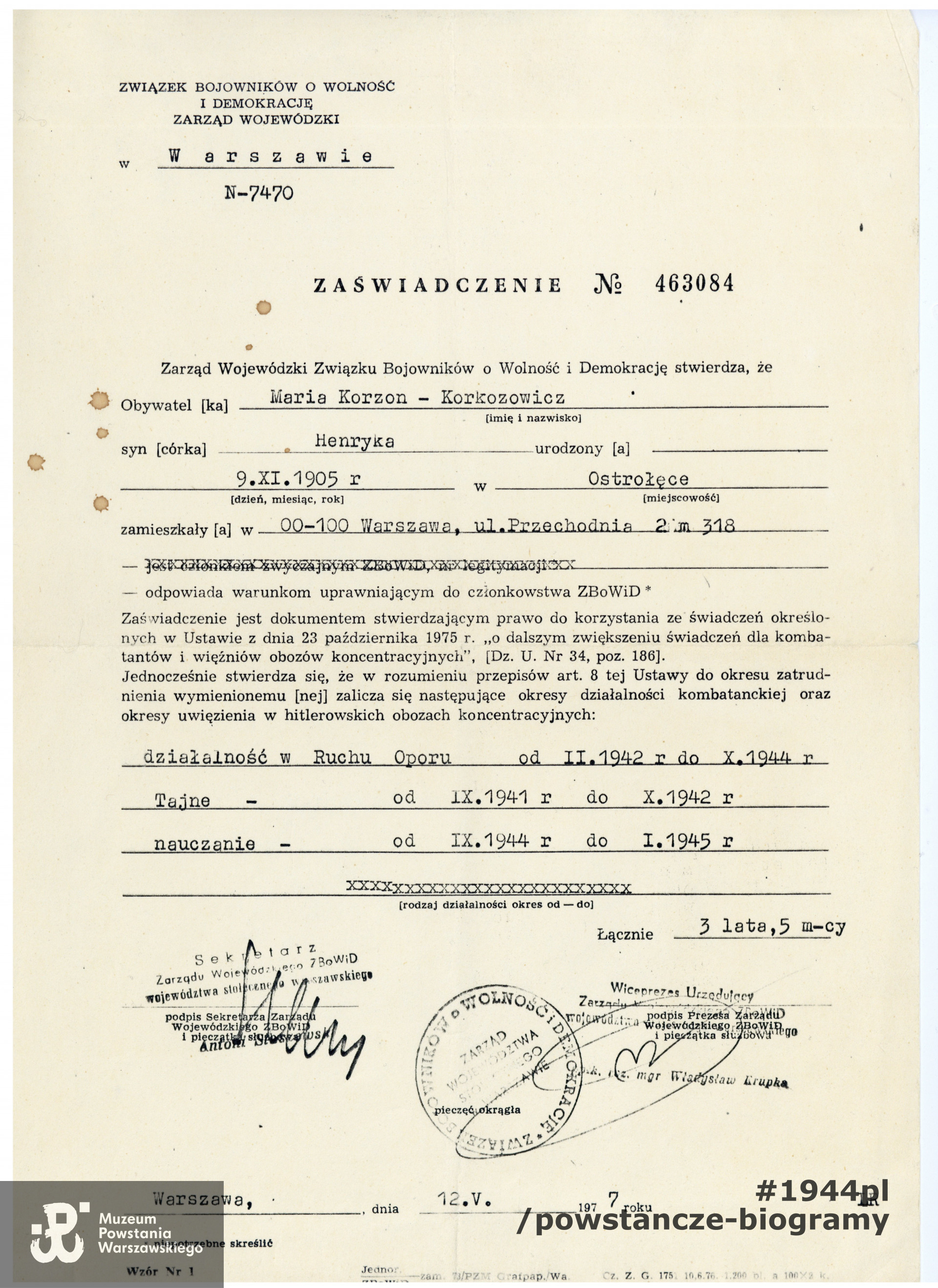 Zaświadczenie ZBoWiD dotyczące udziału w ruchu oporu i tajnym nauczaniu, zaliczony okres służby od II 1942, 3 lata i 5 miesięcy oraz tajne nauczanie w dwóch okresach do stycznia 1945.