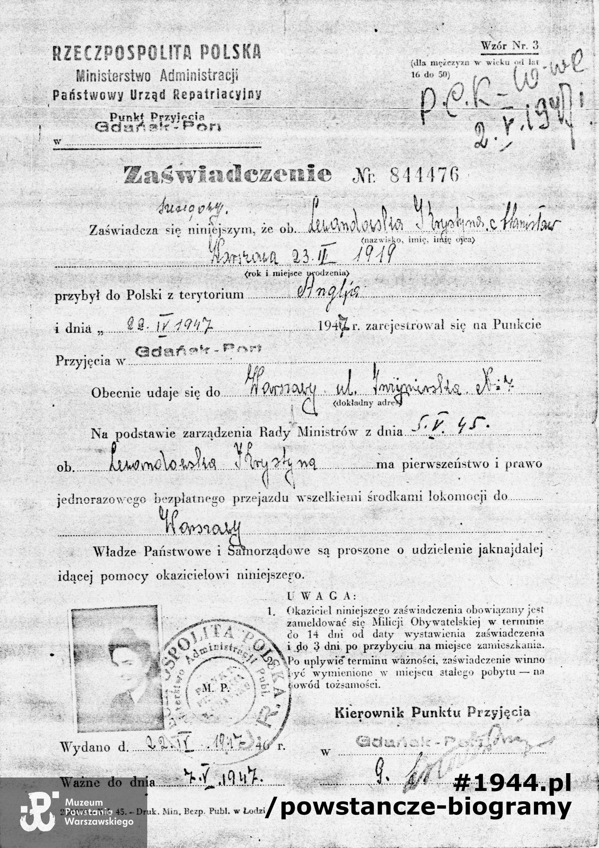 Kopia zaświadczenia PUR - Punkt Przyjęcia Gdańska - Port. Ze zbiorów Muzeum Powstania Warszawskiego, sygn. P/7401